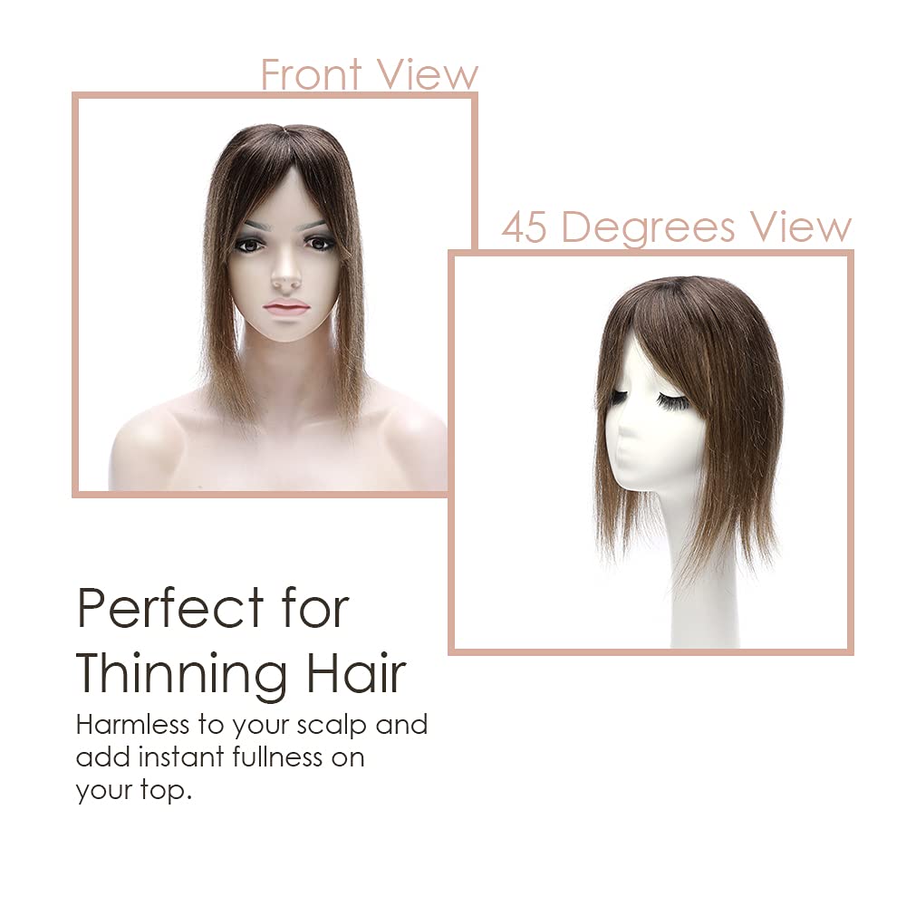 MY-LADY Human Hair Toppers for Women - 150% Density Remy Hair Silk Base Clip-in Hairpiece (7x13cm) with Bangs - Straight 12