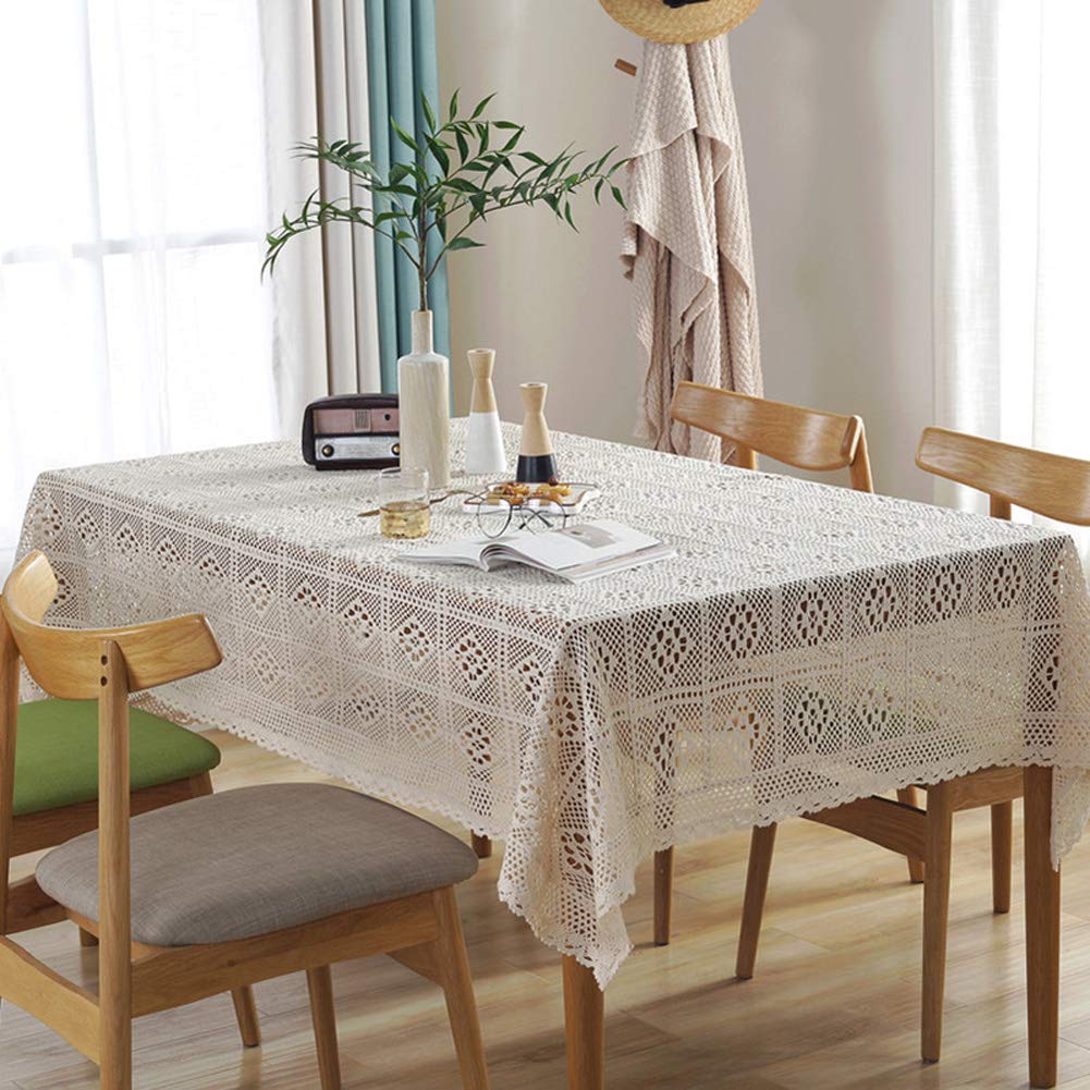 Handmade Cotton Crochet Lace Tablecloth - 55 x 55 Inch Beige Square Table Cover for Buffet, Dining Table, Wedding & Party Decor | Dust-Proof & Elegant for Holiday Dinners, Banquets & Home Decor