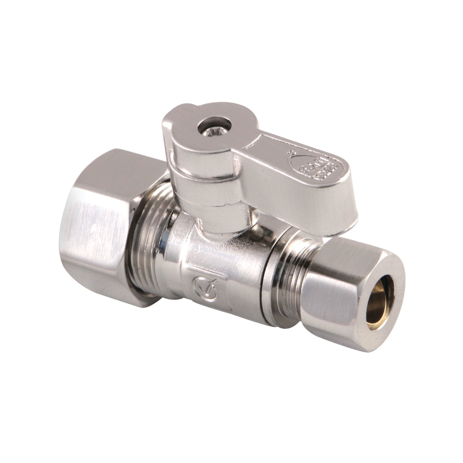 Baseline KF5335SN 5/8 Inch O.D. Comp x 3/8 Inch O.D. Comp Quarter Turn Straight Shut Off Valve, Brushed Nickel - Perfect for Plumbing, Water Supply Lines & Appliance Connections