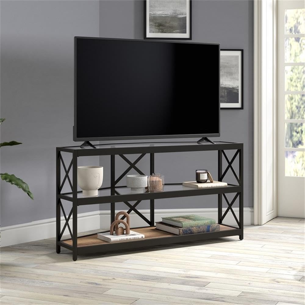 Modern Celine Hexagonal TV Stand with MDF Shelves for 55 Inch TVs - Blackened Bronze & Rustic Oak Finish | Perfect for Living Room, Bedroom, or Home Theater Setup