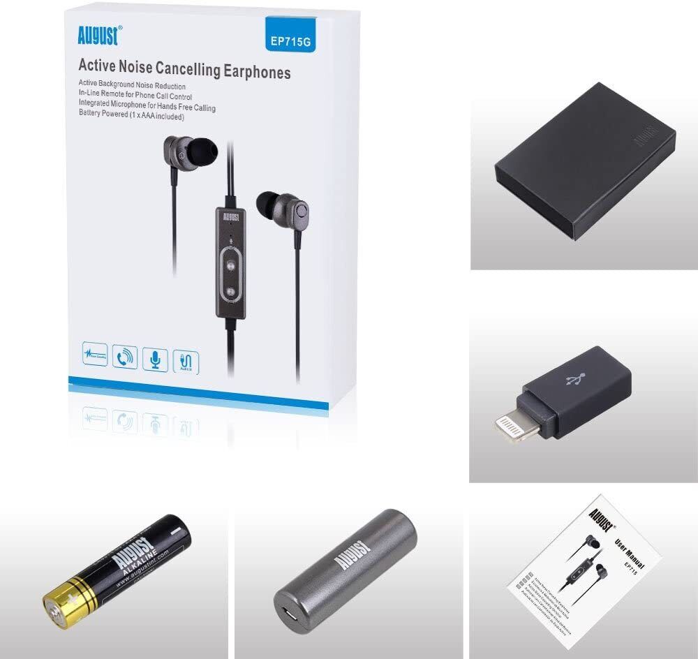 Refurbished August EP715 Noise Cancelling Wired Earphones with 3.5mm AUX Jack & In-Line Mic - Clear Calls & Immersive Audio for Office, Travel & Gaming