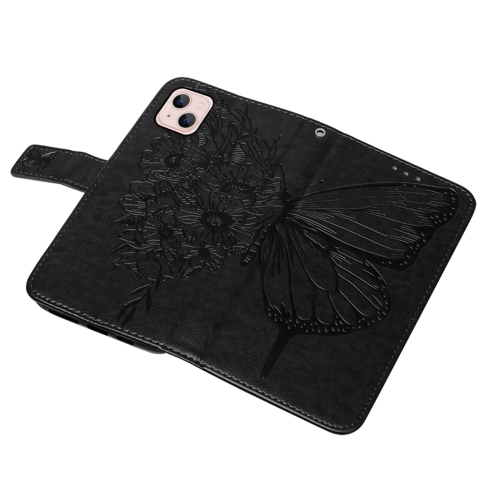 Butterfly Floral Embossed Leather Wallet Case for iPhone 13/14 - Protective Flip Cover with Wrist Strap, Card Holder Slots & Stand Feature (Black) | Perfect for Everyday Use, Travel & Hands-Free Viewing