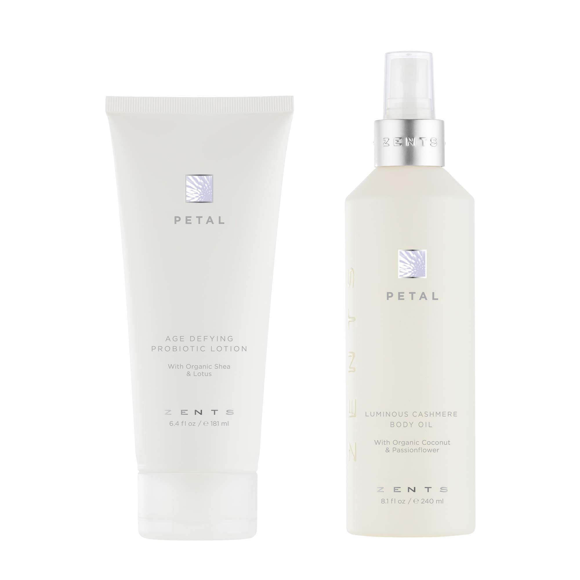 **Zents Body Lotion & Cashmere Oil Set (Petal) – Anti-Aging Probiotic Moisturizer with Organic Coconut Oil – Hydrates, Softens & Repairs Dry Skin – Perfect for Daily Skincare & Spa Treatments**