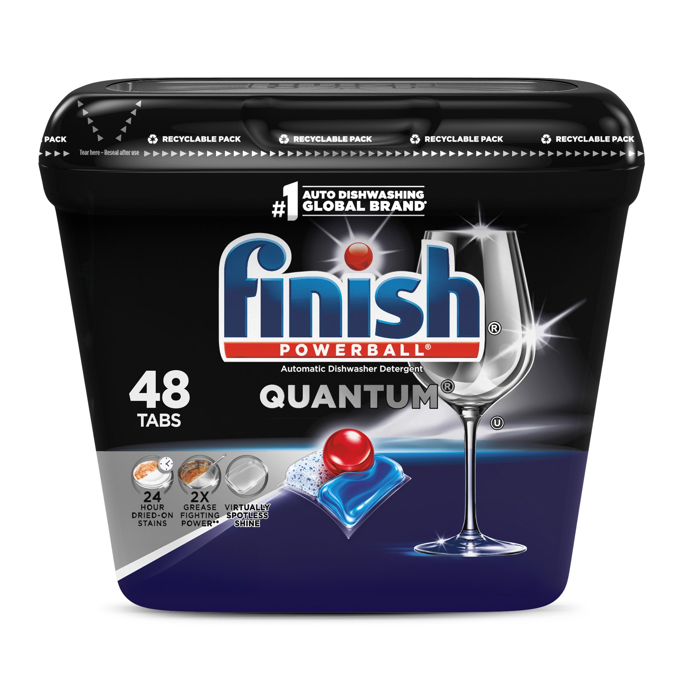 Finish Quantum Dishwasher Pods - 48 Count | No Pre-Rinse Dishwasher Detergent Soap | Removes 24HR Dried-On Stains & Grease | Leaves Virtually Spotless Shine | Perfect for Daily Dishwashing & Tough Cleaning Tasks