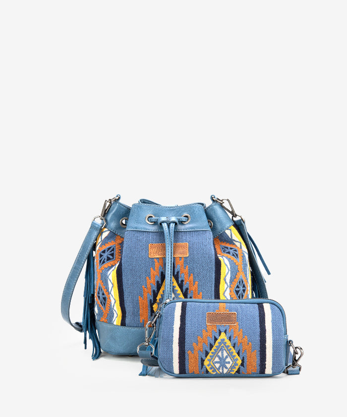 Wrangler Aztec Knitted Bucket Bag Set for Women - Boho Chic Crossbody Purse with Adjustable Strap - Perfect for Travel, Shopping & Everyday Use