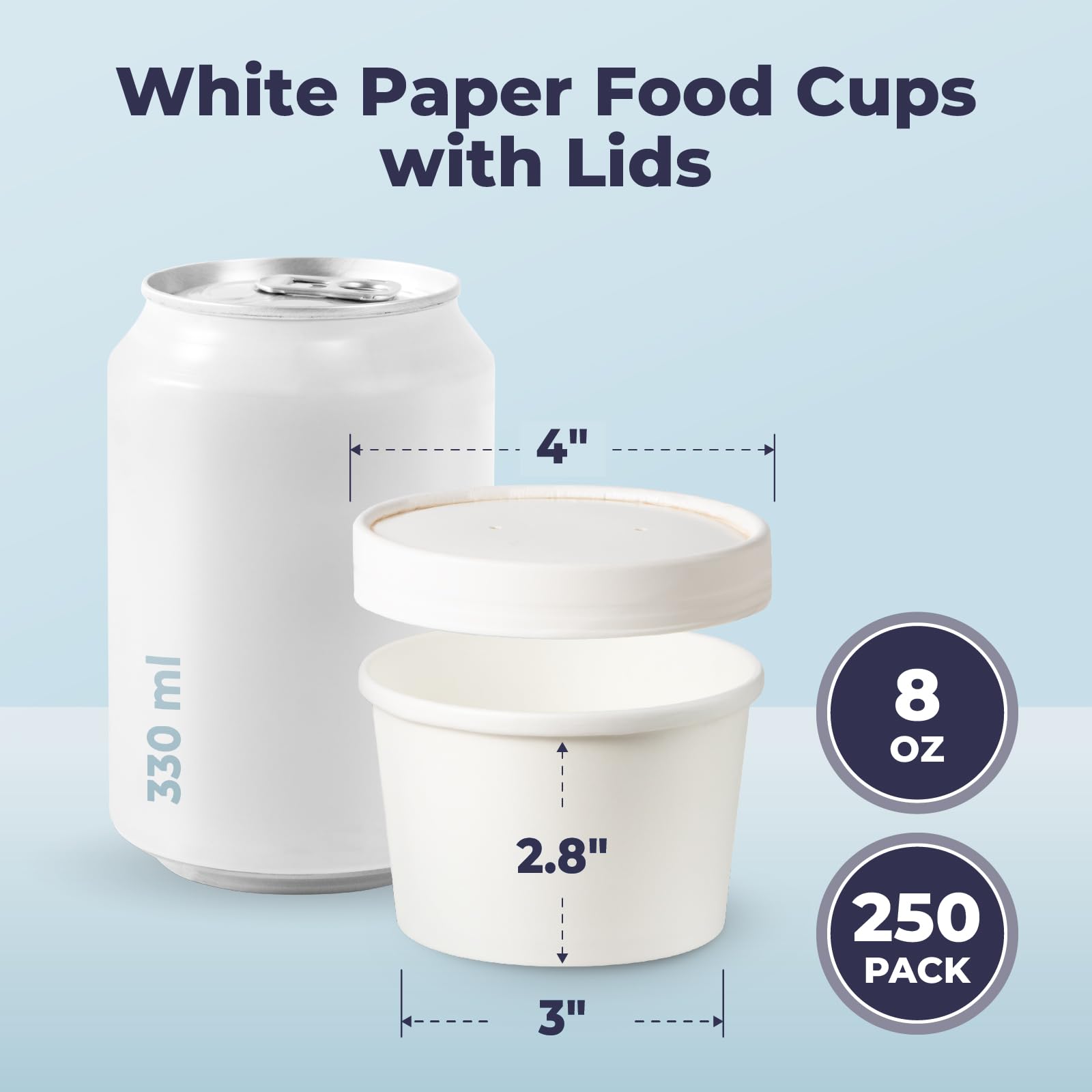 250 Pack 8 oz White Disposable Paper Soup Containers with Lids - Leakproof Hot/Cold Food Storage for Restaurants, Takeout, Meal Prep, Ice Cream, Salads, Stews & Frozen Yogurt - Perfect for Catering, Food Trucks & Home Use