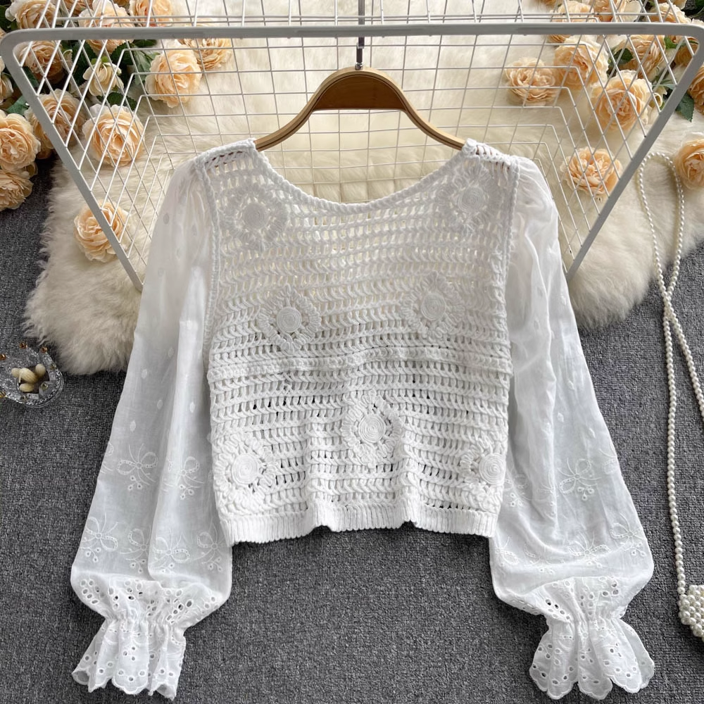 French V-Neck Lace Top for Women - Summer Trumpet Sleeve Blouse 1069 | Elegant Casual Wear for Office, Date Night & Special Occasions