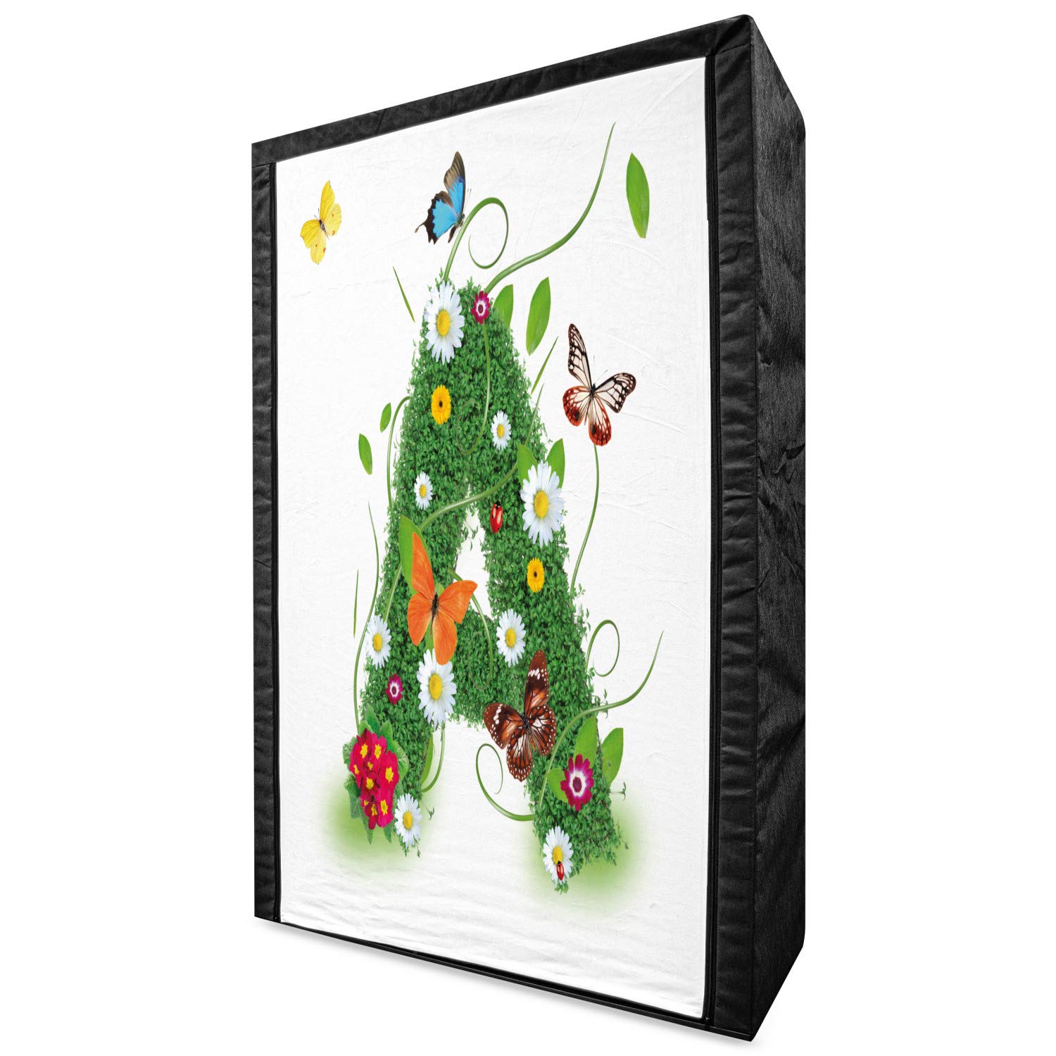 Ambesonne Portable Fabric Wardrobe with Shelves - Alphabet Letter A Design with Green Leaves & Butterflies Pattern - 42.5