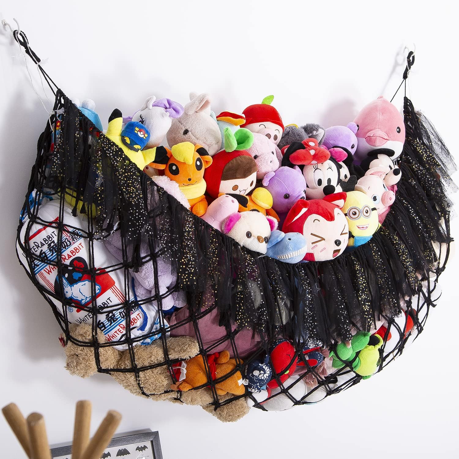 Large Stuffed Animal Hammock with LED Lights - Wall Mounted Plush Toy Organizer for Squishmallows, Boho Macrame Corner Hanging Net - Nursery, Bedroom & Playroom Storage Decor (Black) - Perfect for Kids' Room Organization & Cozy Plushie Display