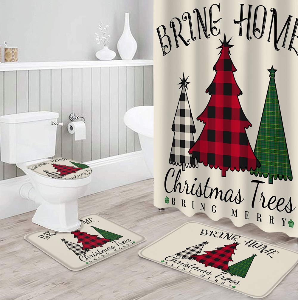 4-Piece Waterproof Christmas Tree Buffalo Red Check Shower Curtain Set with Non-Slip Bath Rugs - Cartoon Style Bathroom Decor for Holiday Season, Includes Toilet Lid Cover & Floor Door Mat - Perfect for Christmas Home Decor and Festive Bathroom Makeover