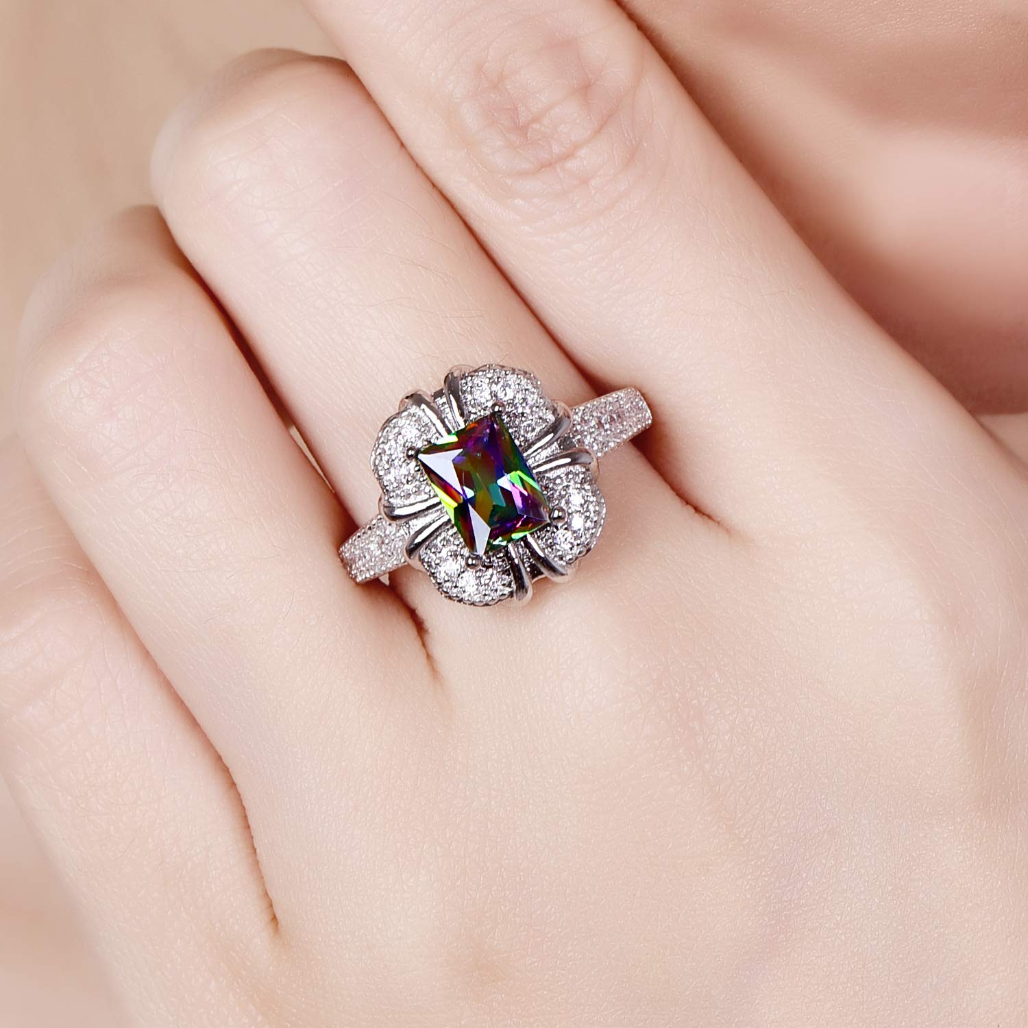 925 Sterling Silver Plated Emerald Quartz Radiant Cut Halo Ring for Women - Wedding, Engagement, Anniversary & Cocktail Party Jewelry Gift (Size 6) | Elegant Stackable Band for Everyday Wear & Special Occasions