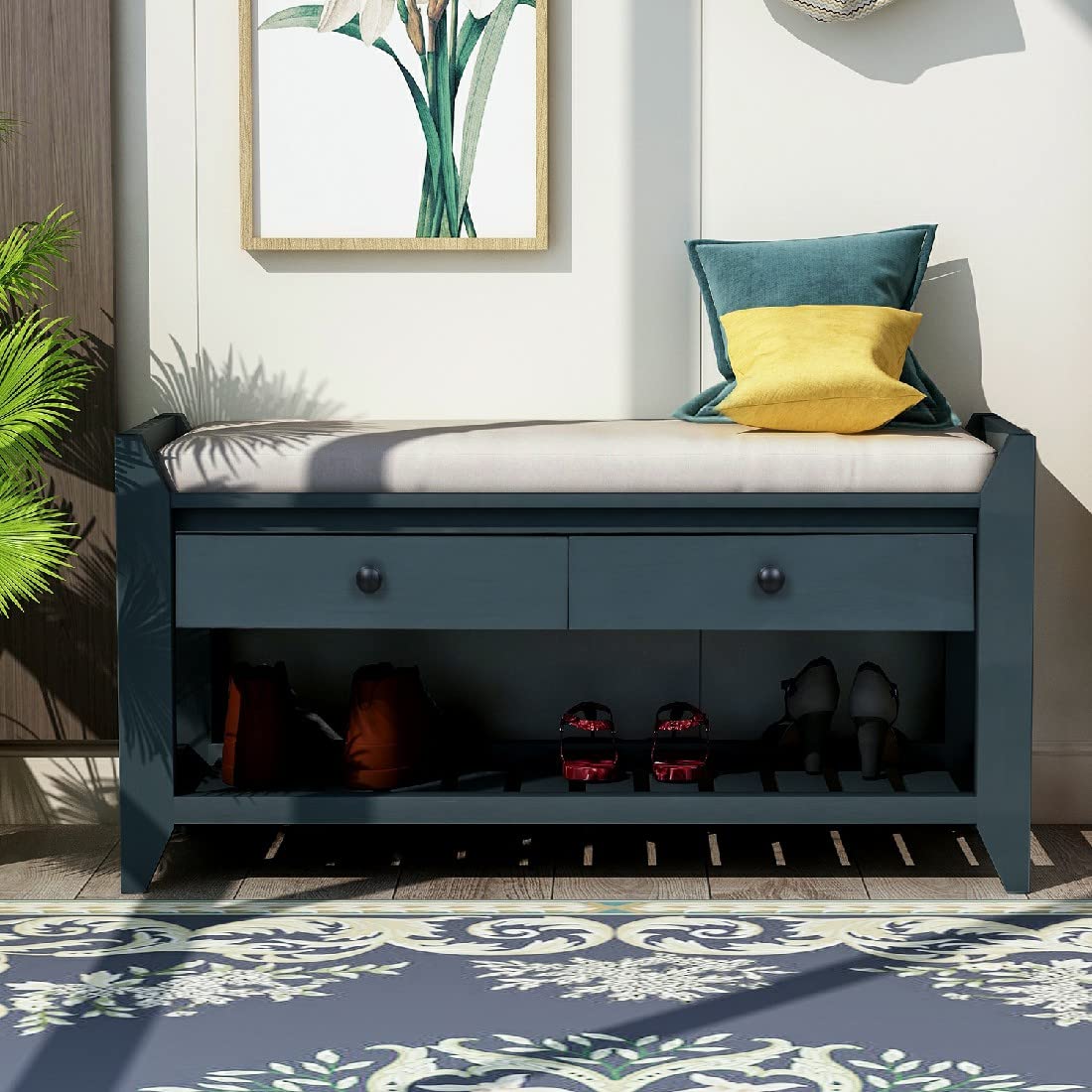 Multipurpose Shoe Storage Bench with Cushioned Seat and Drawers - Entryway Organizer with 4-Tier Shoe Rack (WF195386AAM, Antique Navy) - Perfect for Hallway, Mudroom, and Bedroom Storage Solutions