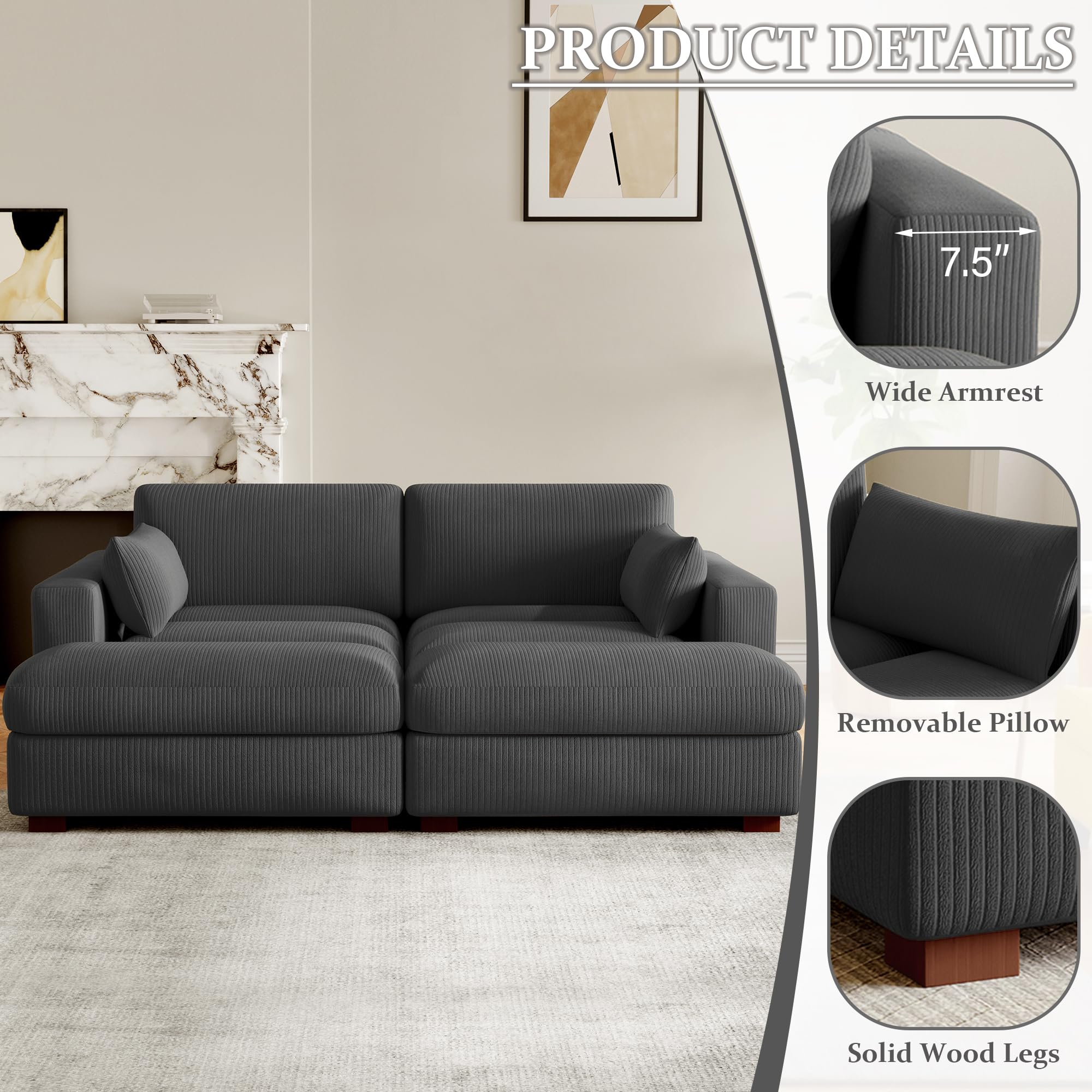 Oversized Corduroy Chaise Lounge Chair with Armrest & Throw Pillows - 2-Seater Grey Sofa for Bedroom, Living Room | Perfect for Relaxing, Reading & Lounging