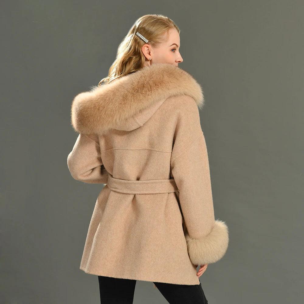 Luxury Women's Winter Coat with Real Fox Fur Hood & Cuffs - 100% Natural Fur, Cashmere Wool Blend, Oversized Loose Fit Jacket for Cold Weather - Perfect for Snowy Days, Outdoor Activities & Fashionable Winter Outfits