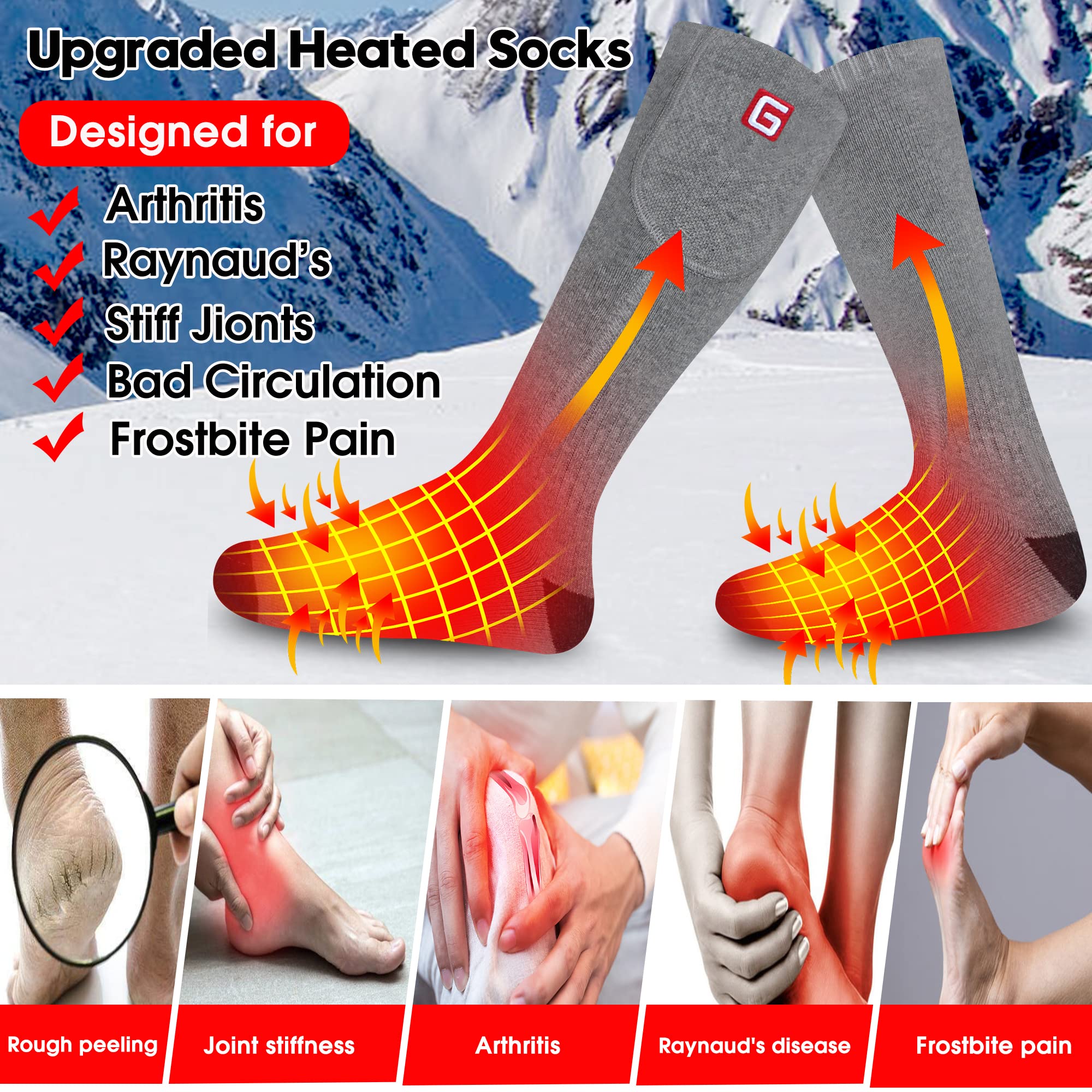 Rechargeable Electric Heated Socks for Men & Women - 3 Temperature Settings, Warm Cotton Thermal Winter Socks with 3.7V 2200mAh Battery (Grey, Large) - Perfect for Cold Weather Activities Like Camping, Hiking, Skiing & Motorcycle Riding