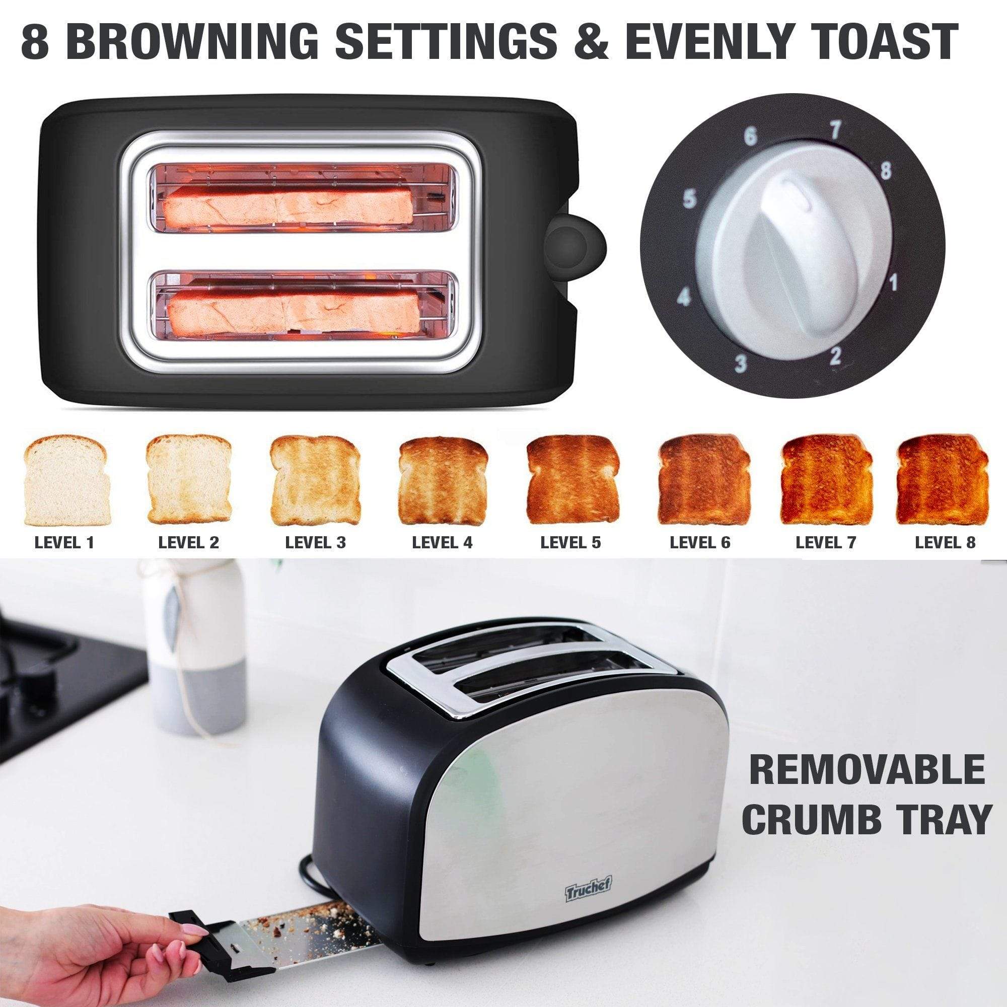 Truchef USA 4-Slice Toaster 5001 - Stainless Steel, Wide Slots, Bagel & Defrost Functions - Perfect for Breakfast, Office, and Dorm Room Use