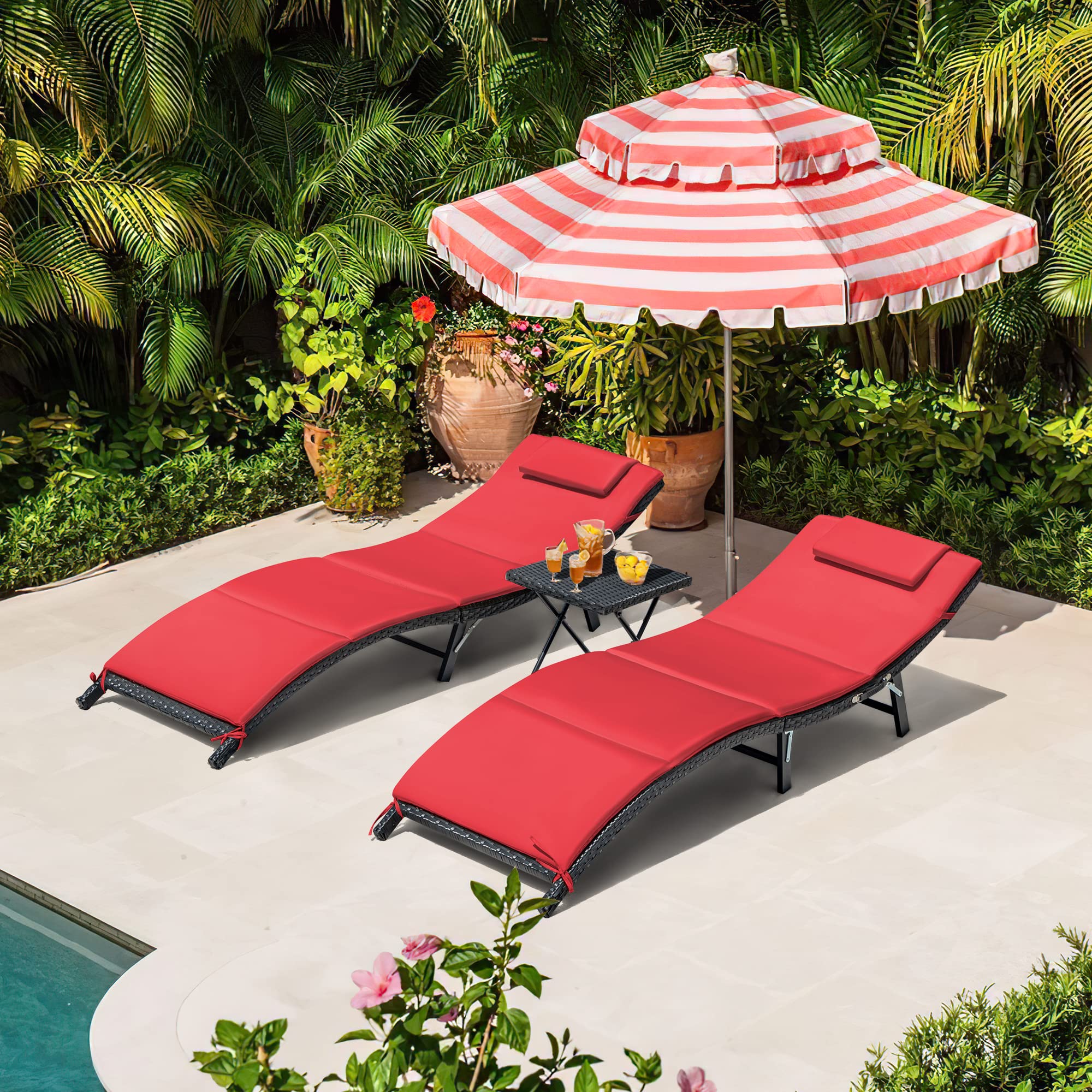 **Homall 3-Piece Patio Chaise Lounge Chair Set - PE Rattan Outdoor Reclining Chairs with Folding Table & Cushion for Pool, Beach, Garden (Red) - Perfect for Relaxing, Sunbathing & Lounging**
