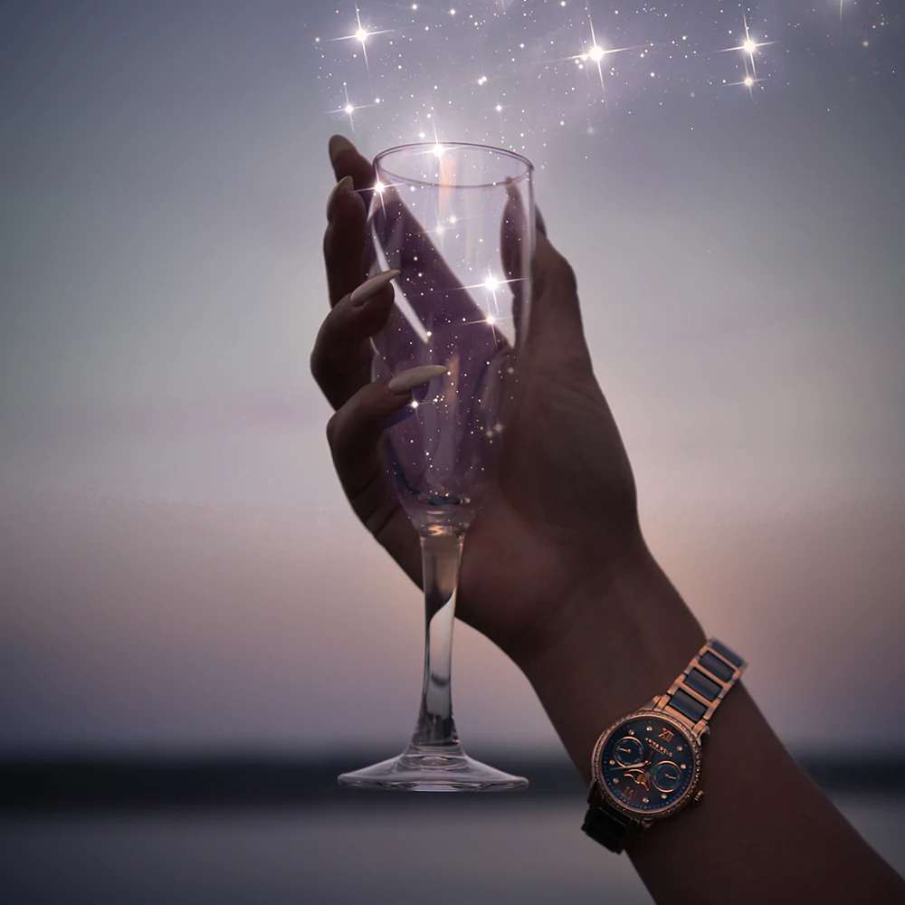 ARIES GOLD ENCHANT LUNA Rose Gold Stainless Steel Women's Watch with Blue Ceramic Bezel - Elegant Dress Watch for Women, Perfect for Office, Party & Special Occasions