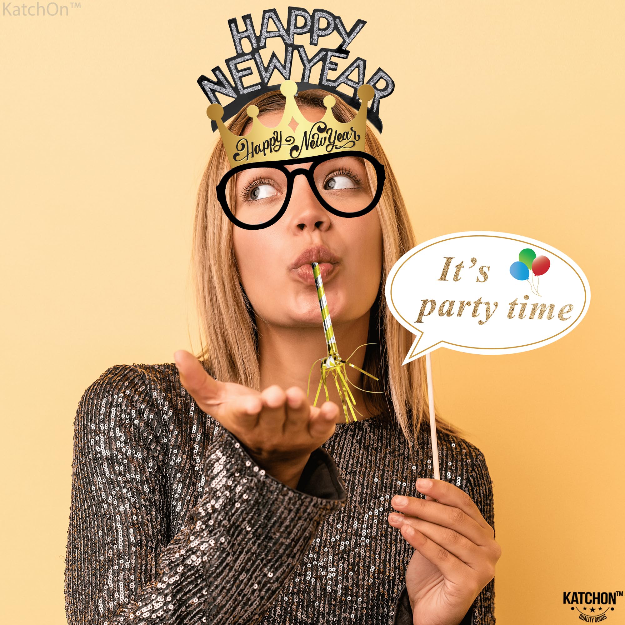 KatchOn 2025 New Year's Eve Party Supplies Set - 74-Piece Kit with Photo Props, Hats, Headbands & Glasses | NYE Decorations & Accessories for Countdown Celebrations, Ball Drops & New Year Parties