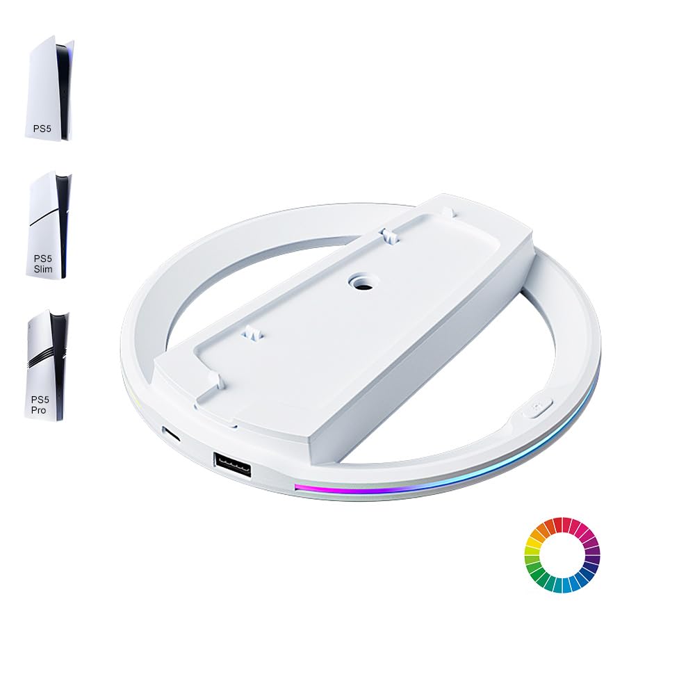 RGB Vertical Stand for PS5 Slim/PS5 Pro Consoles - LED Lighting Gaming Stand for PlayStation 5 Digital/Disc Edition & PS5 Slim - Secure Screw Mount for Stable Display - Perfect for Gaming Setups & Entertainment Centers