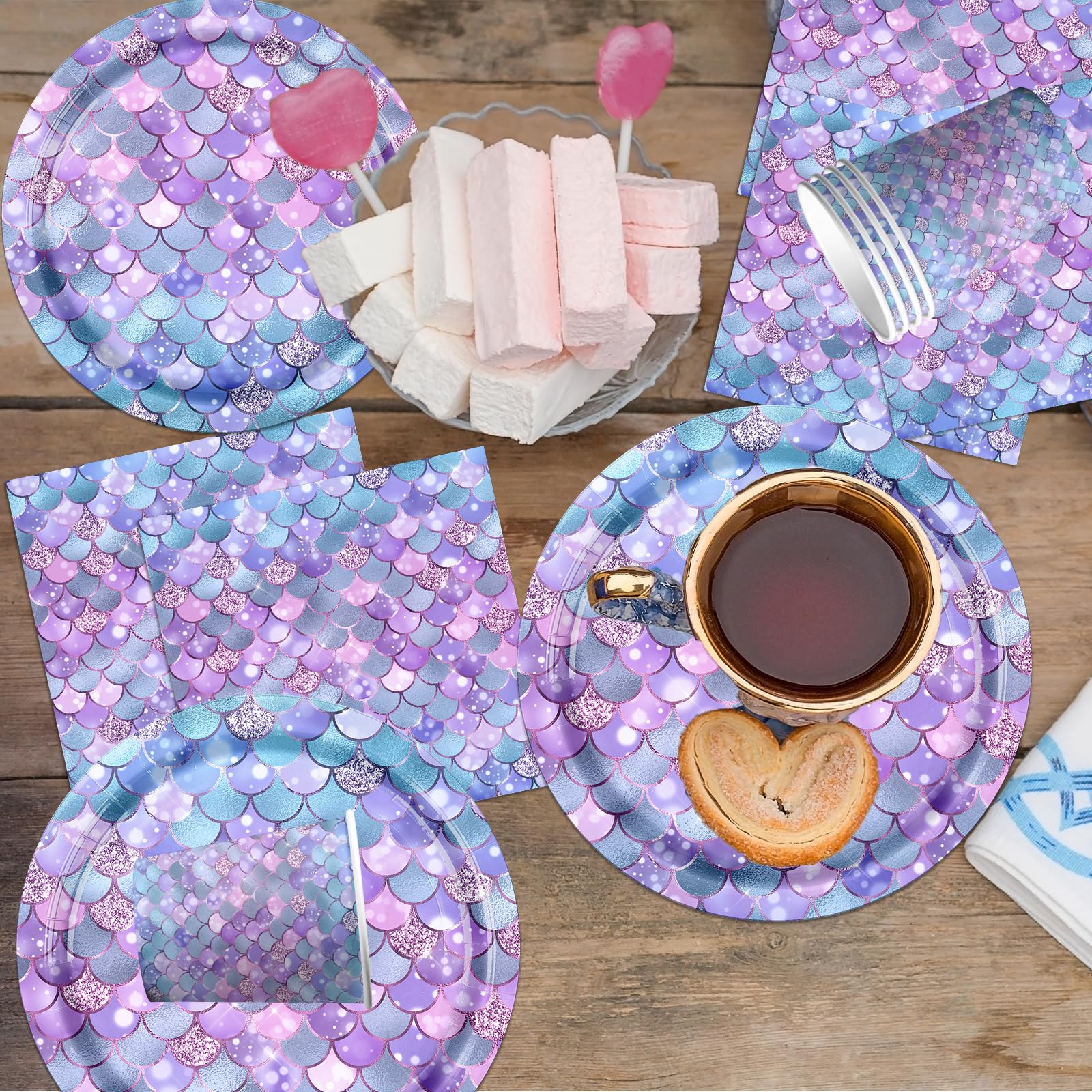 80Pcs Mermaid Party Tableware Set - Gray & Purple Little Mermaid Birthday Decorations, Disposable Plates & Napkins for Under The Sea Ocean Theme Party (Serves 20) - Perfect for Kids Birthday, Baby Shower & Themed Events