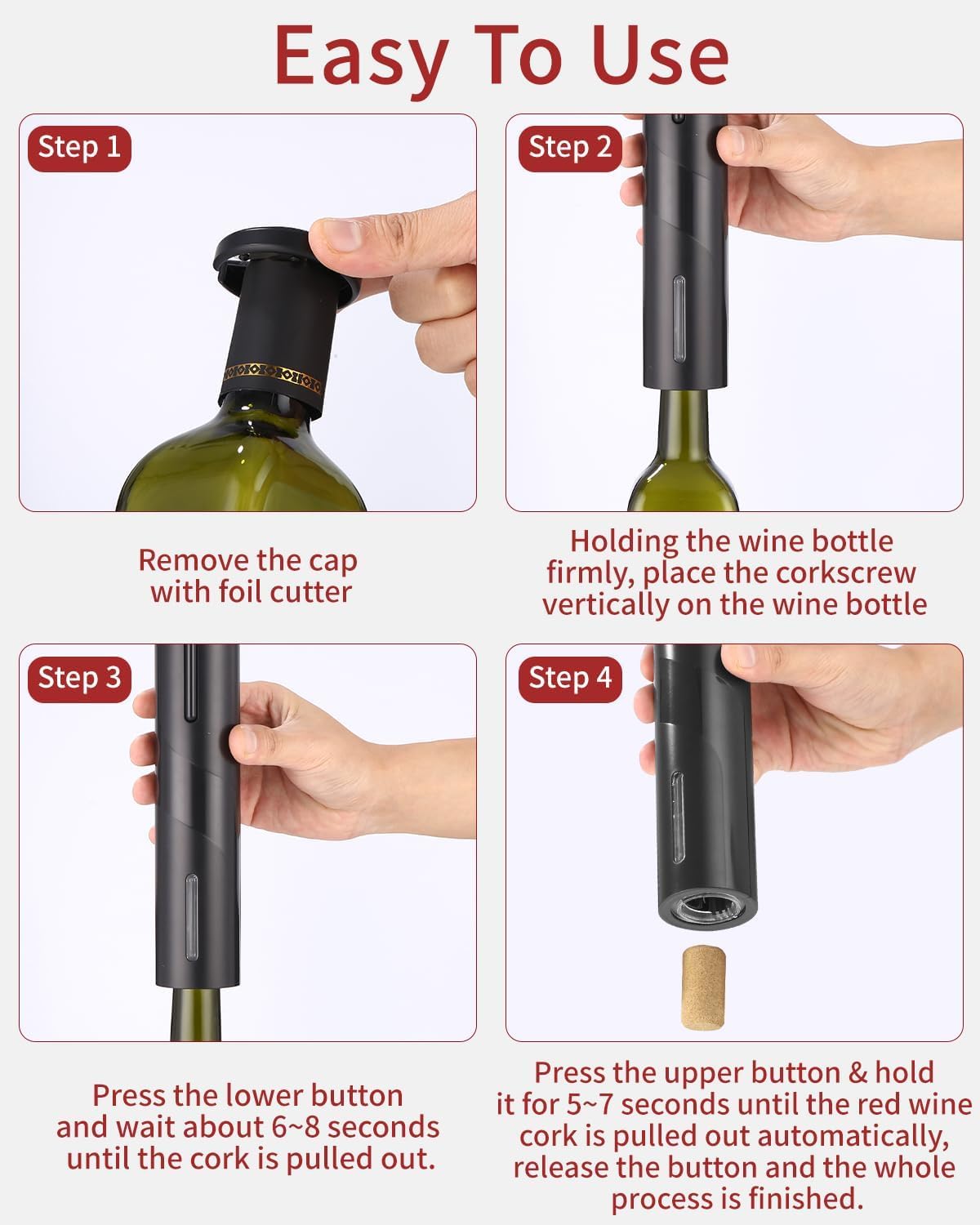 Electric Wine Opener Set with Battery Operation & Foil Cutter - Automatic Corkscrew, Rechargeable, Black - Perfect for Wine Lovers, Dinner Parties & Gifts