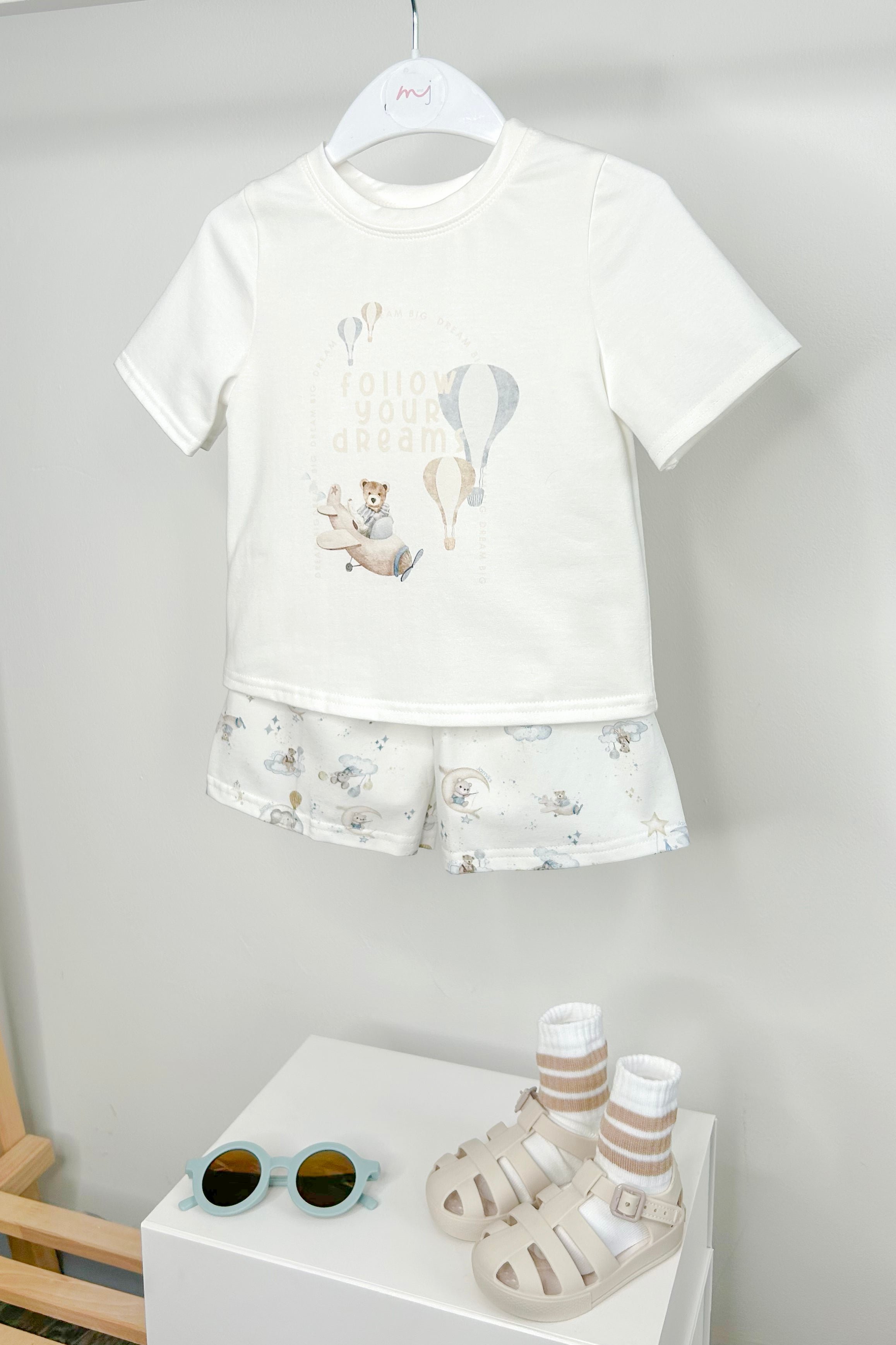Jacob Ivory Beige & Blue Teddy T-Shirt & Shorts Set - Soft Cotton Comfort Outfit for Boys, Casual Playwear, Everyday Summer Style