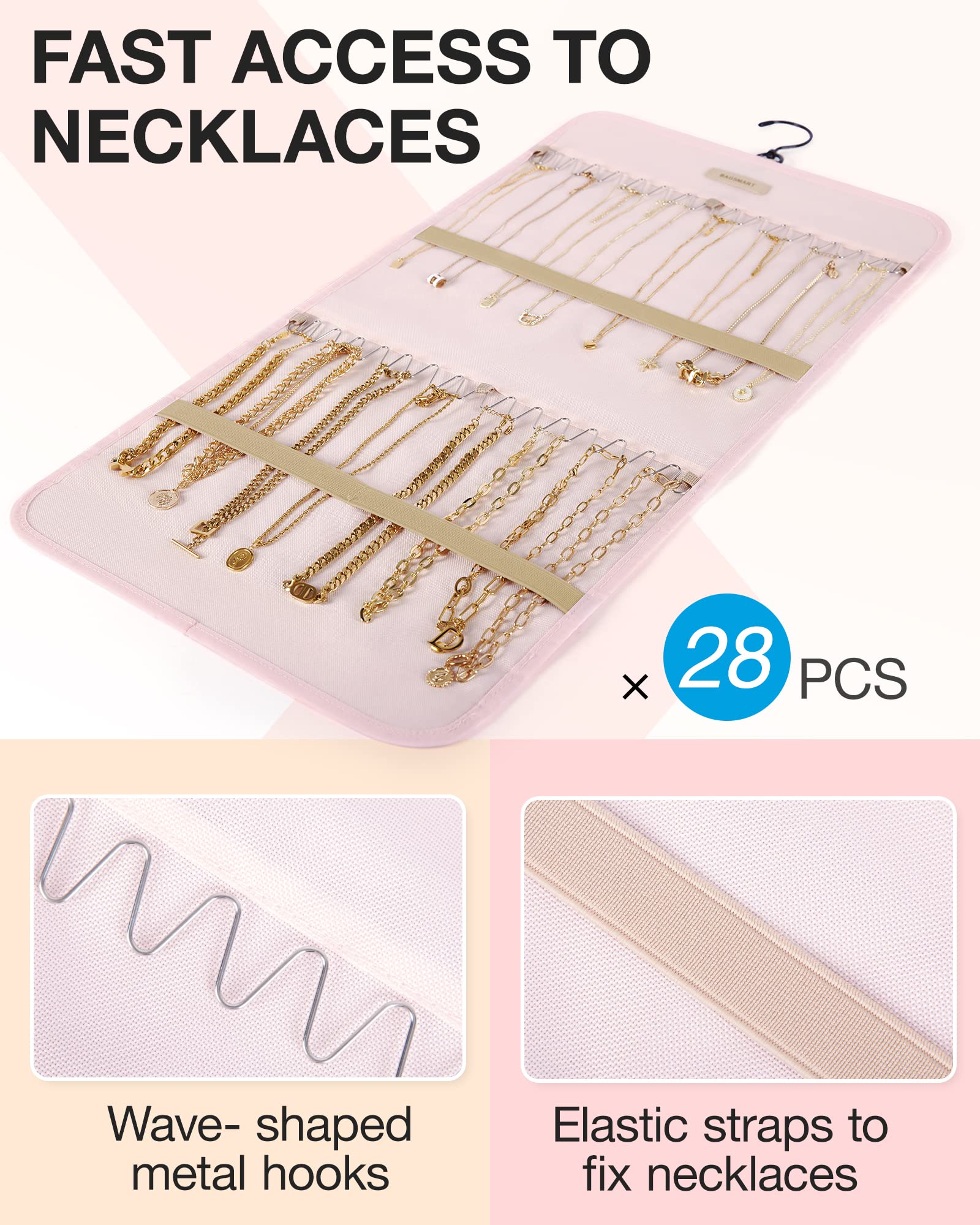 BAGSMART Hanging Jewelry Organizer - Double-Sided Jewelry Storage Roll with Metal Hooks for Earrings, Necklaces, Rings - Perfect for Closet, Wall, or Door - Medium Size, Pink - Ideal for Travel, Home Organization & Gift Giving