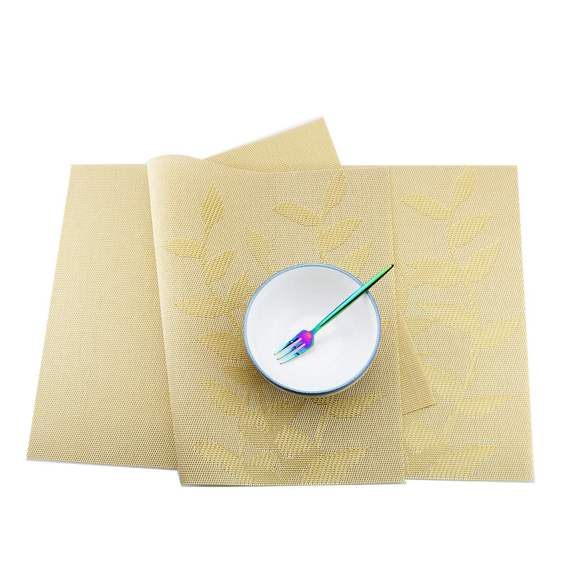 Gold Floral Vinyl Placemats Set of 6 - Heat Resistant Non-Slip Table Mats for Dining - Woven Crossweave Design - Indoor/Outdoor Kitchen Use - Easy Wipe Clean - Perfect for Dinner Parties, BBQs, and Everyday Meals