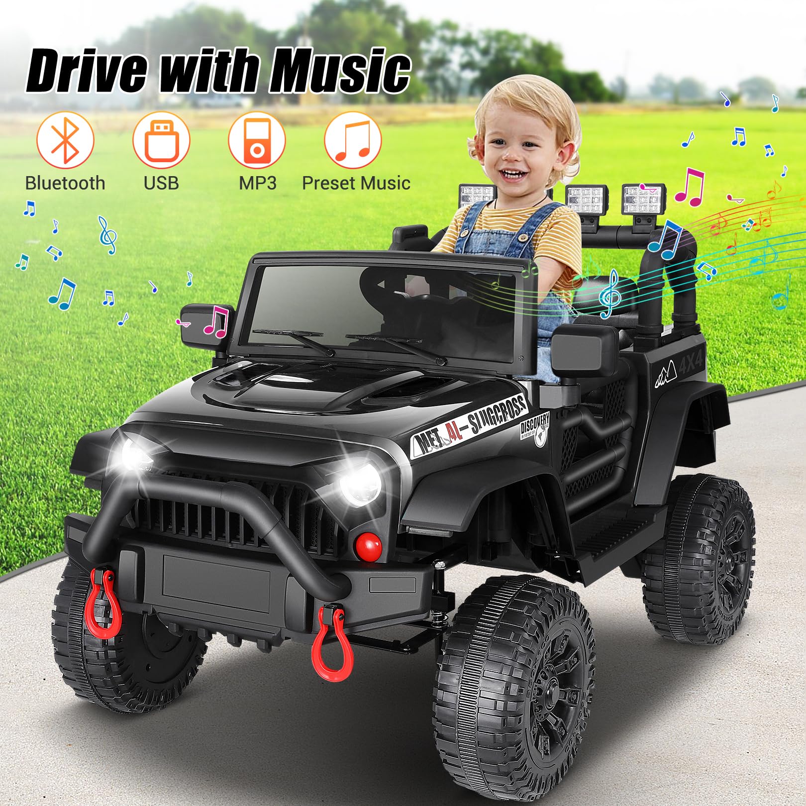 Hikole 12V Electric Ride-On Car for Kids with Parent Remote Control, Spring Suspension, LED Headlights & Bluetooth - Multi-Terrain Kids Toy Car with Digital Dashboard & Easy Towing - Perfect Birthday Gift for Boys & Girls (Black) - Great for Outdoor Play, Backyard Fun & Neighborhood Adventures