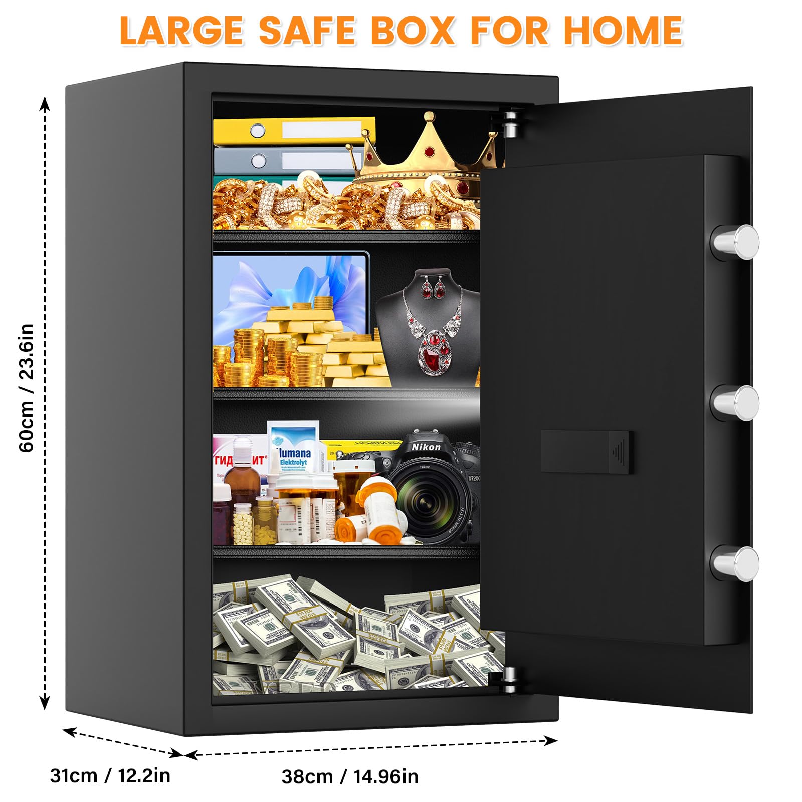 4.0 Cubic Feet Large Fireproof Waterproof Digital Safe Box with Combination Lock, Alarm System & Removable Shelf - Home Security Safe for Documents, Money & Valuables | Fire Resistant Protection for Office, Bedroom & Business Use