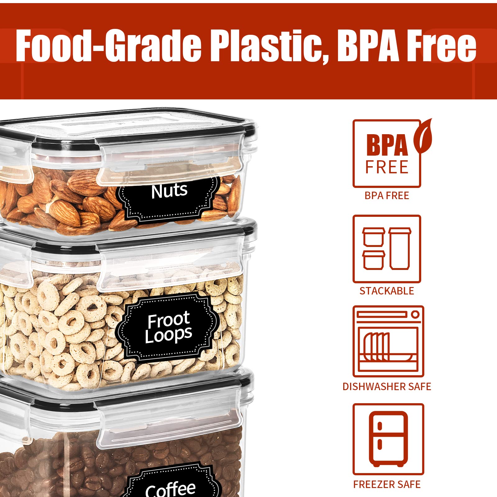 PRAKI 30-Piece Airtight Food Storage Container Set - BPA-Free Plastic Canisters with Lids for Cereal, Flour, Sugar & Dry Goods | Includes 40 Labels, 6 Spoons & Marker | Perfect for Kitchen Pantry Organization & Bulk Food Storage