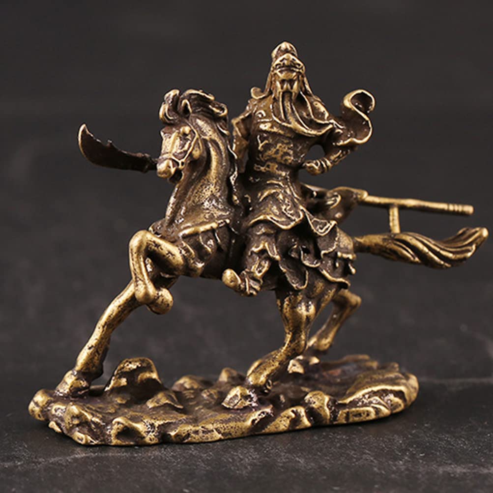 Guan Yu on Horseback Brass Ornament - Desktop Decor for Home & Office - Chinese Warrior Statue for Feng Shui, Collectibles, and Gift Giving