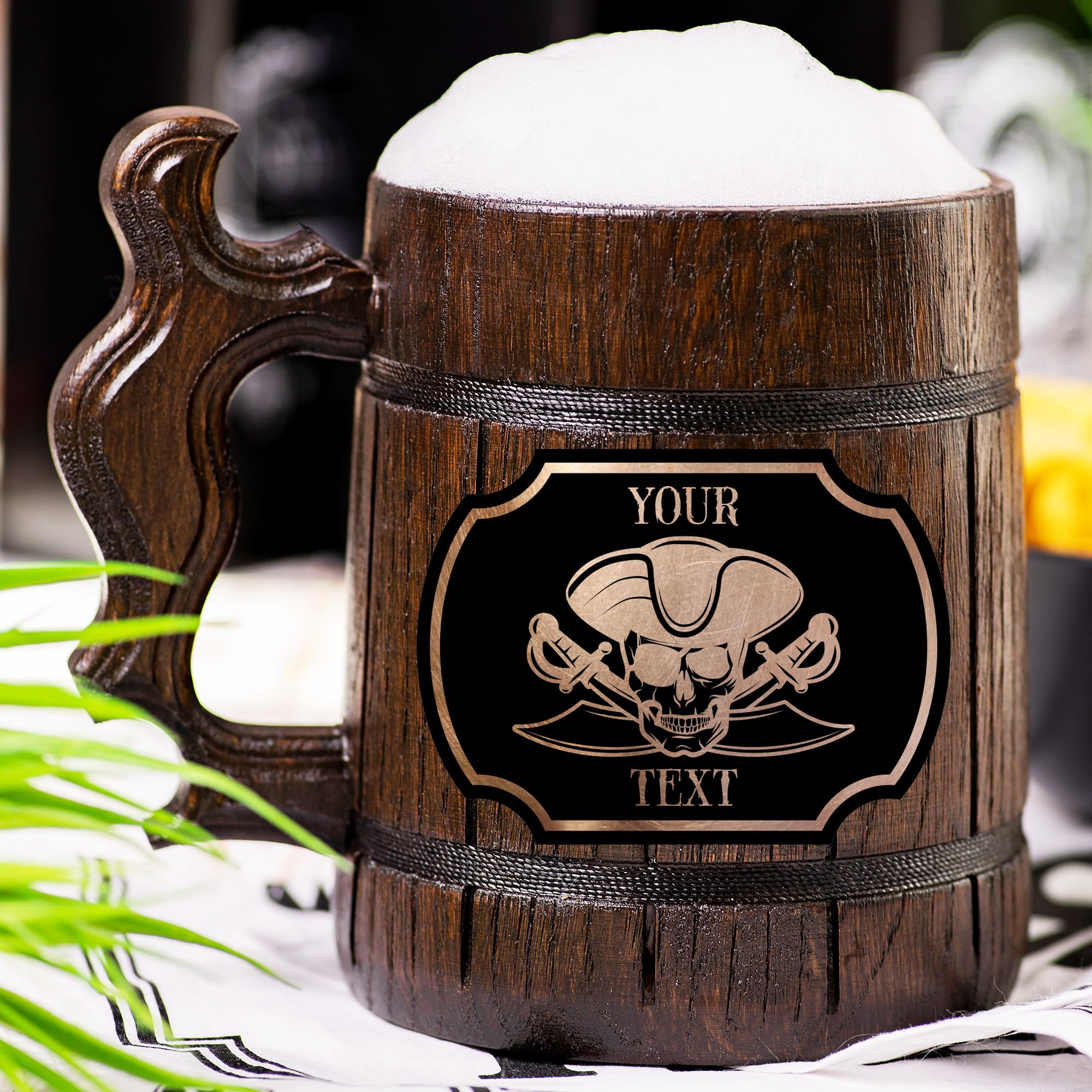 Personalized Pirate Skull Beer Stein - Custom Engraved Wooden Tankard Mug for Men, Unique Gifts for Dad, Husband, Gamer - Perfect for Birthday, Anniversary & Wedding Celebrations - Great for Parties, Game Nights & Man Cave Decor