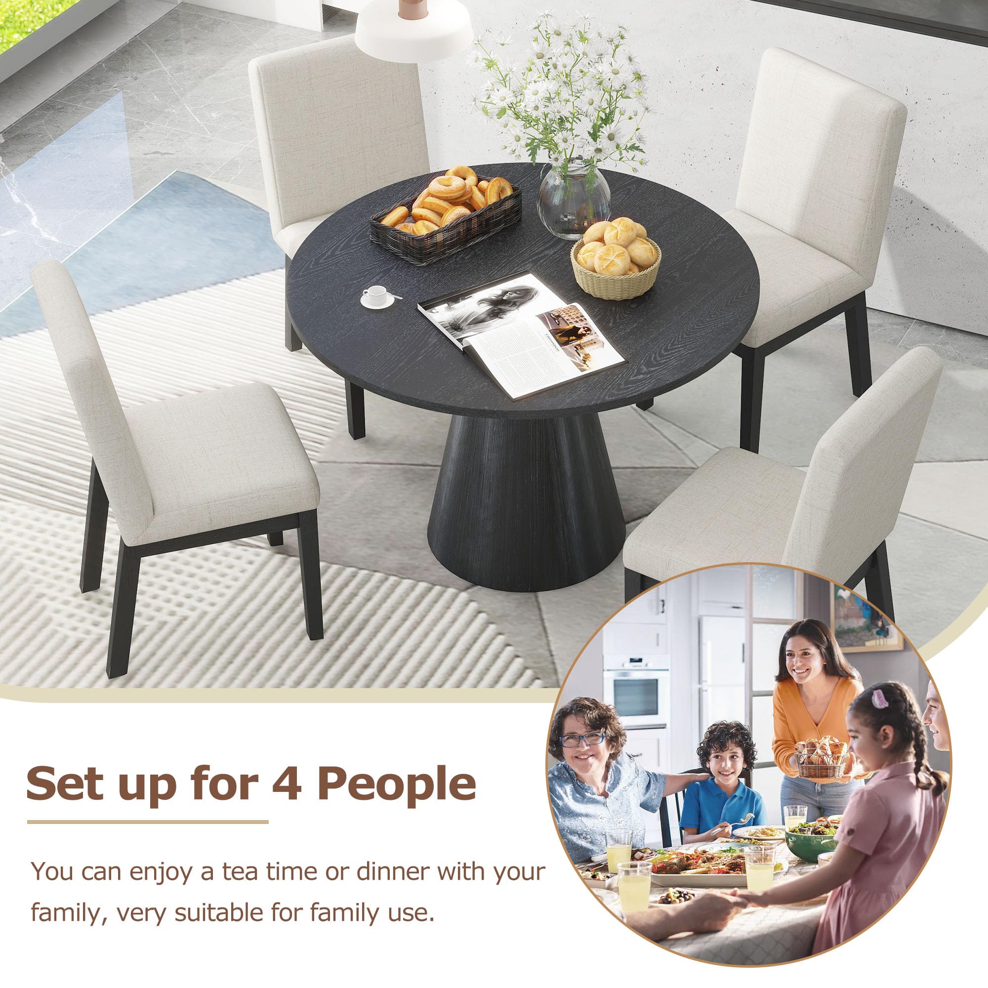 Vintage Round Wooden Dining Table - 42 Inch Retro Kitchen & Living Room Table, Solid Wood Top with Black Finish - Perfect for Small Spaces, Breakfast Nooks & Cozy Family Gatherings