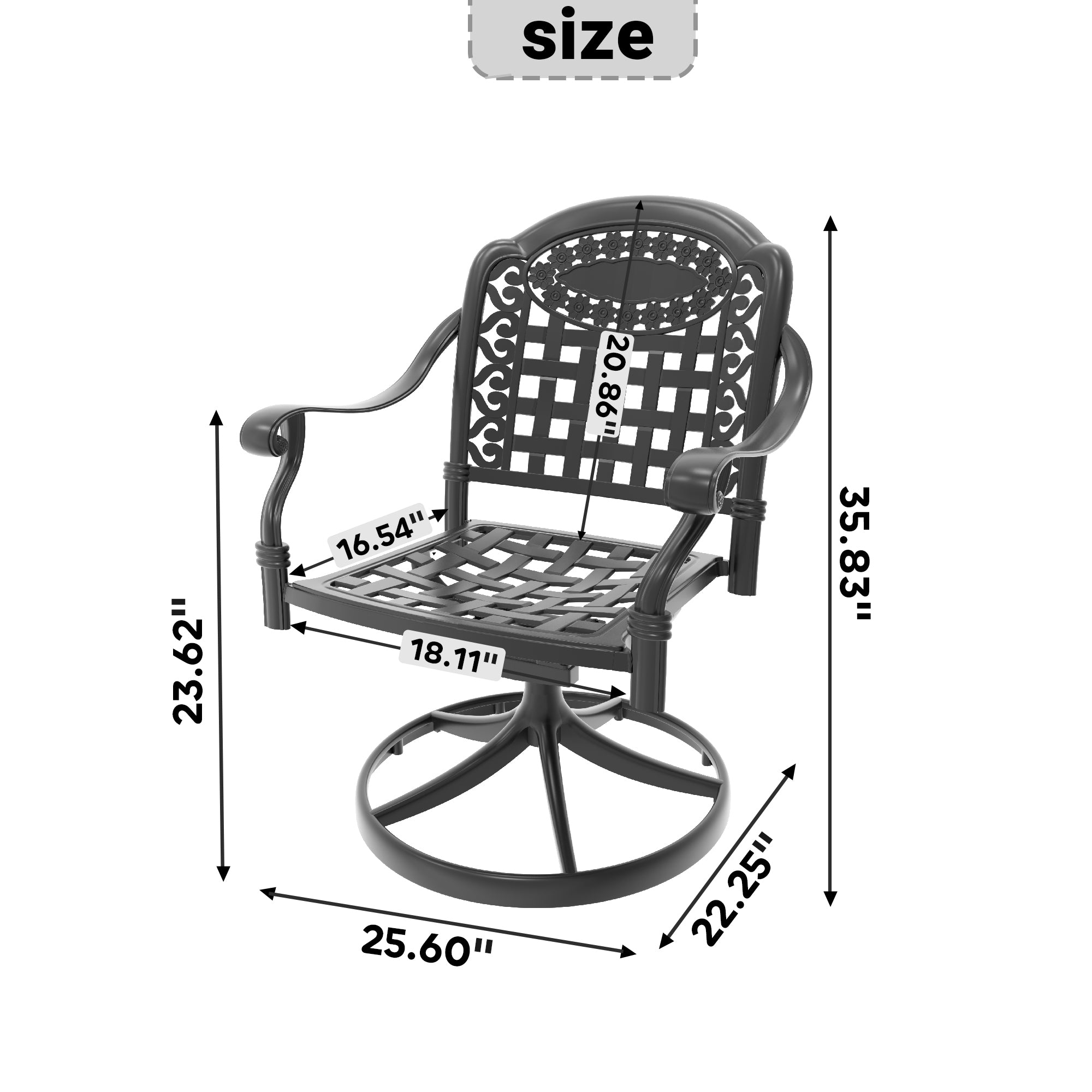 2-Piece Cast Aluminum Patio Swivel Chairs with Black Frame & Cushions - Outdoor Garden, Poolside, Deck Furniture Set for Relaxing & Entertaining