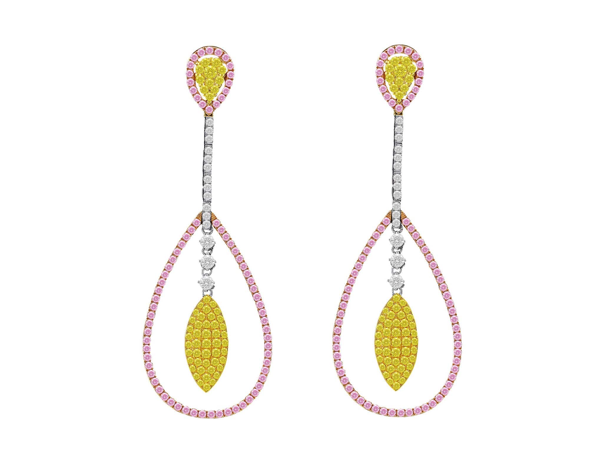 18K Gold Pink, Yellow & White Diamond Pear Drop Earrings for Women - Elegant Dangle Earrings for Weddings, Parties & Special Occasions