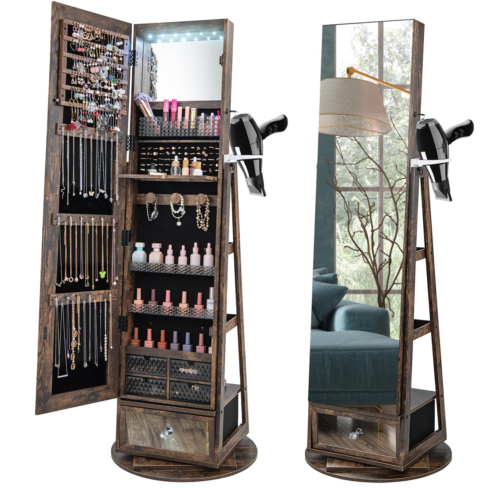 CHARMAID 360° Swivel Jewelry Cabinet Armoire with Full Length Mirror - 64.5