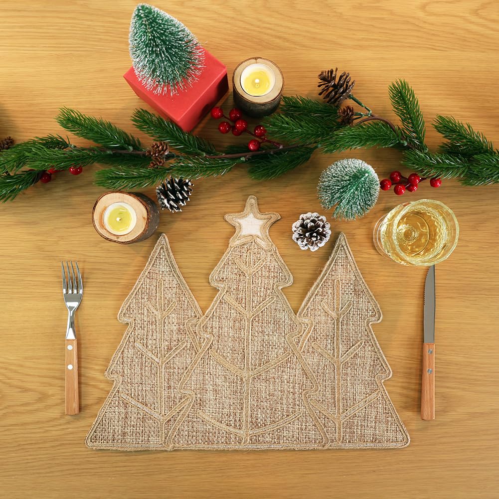 Farmhouse Burlap Winter Placemats Set of 4 - Christmas Tree Holiday Table Decor for Dining Room, Kitchen & Seasonal Home Decor