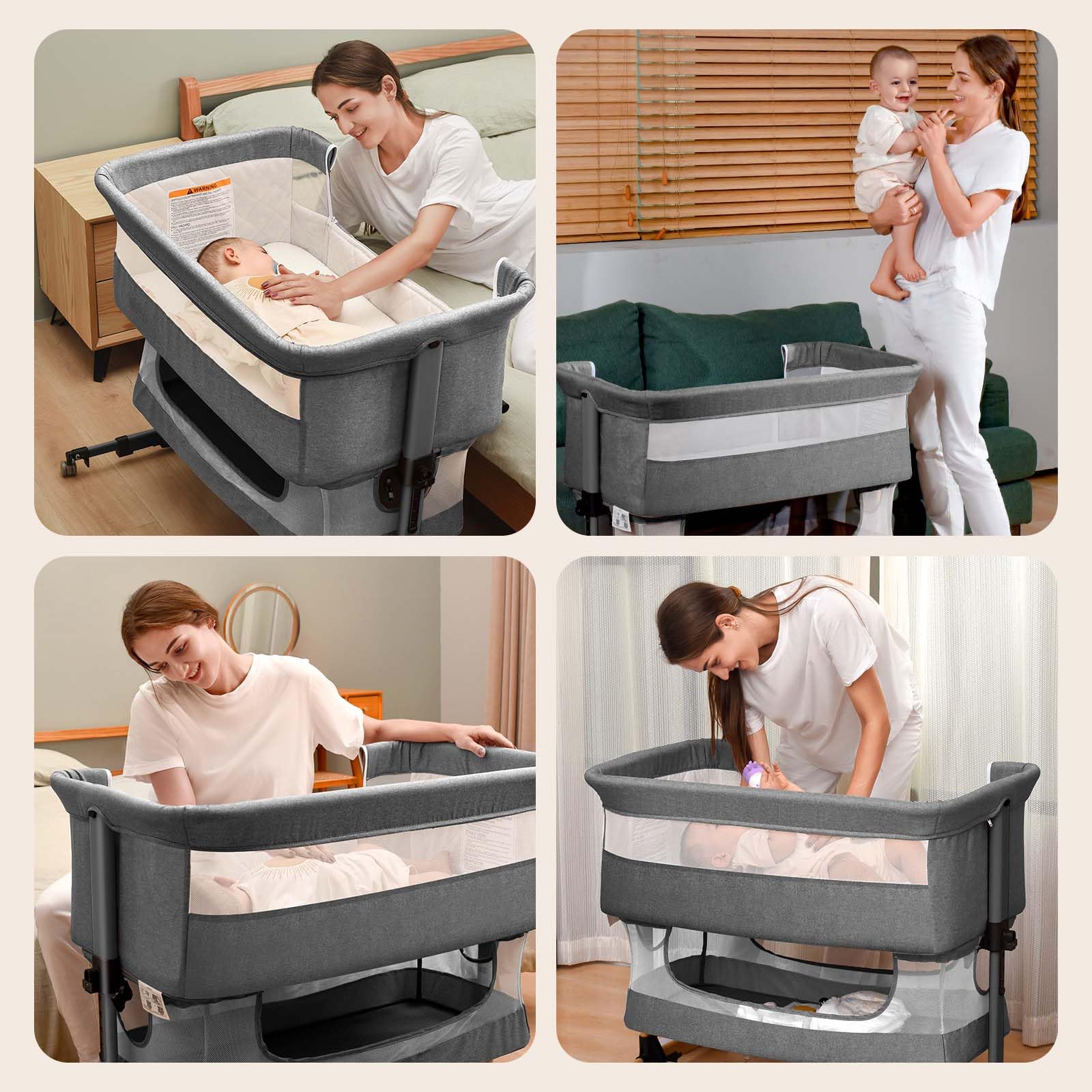 3-in-1 Adjustable Portable Baby Crib & Bassinet - Convertible Bedside Sleeper for Newborns & Infants (Grey) | Nursery, Travel & Co-Sleeping Essential