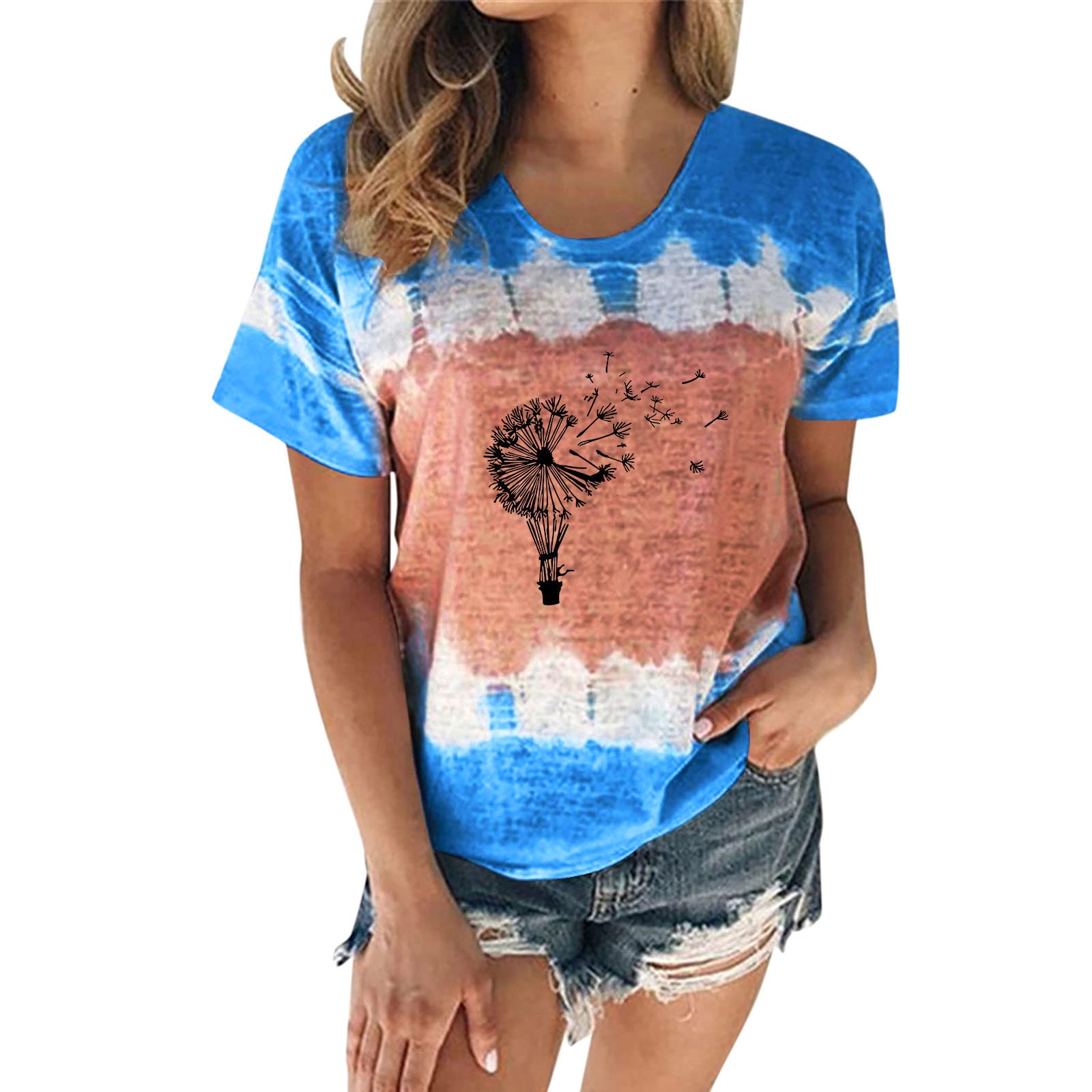 Women's White Layering Casual Shirt - Round Neck Tie Dye Short Sleeve T-Shirt for Women | Fashion Long Top for Summer Outfits, Beach Wear & Boho Style