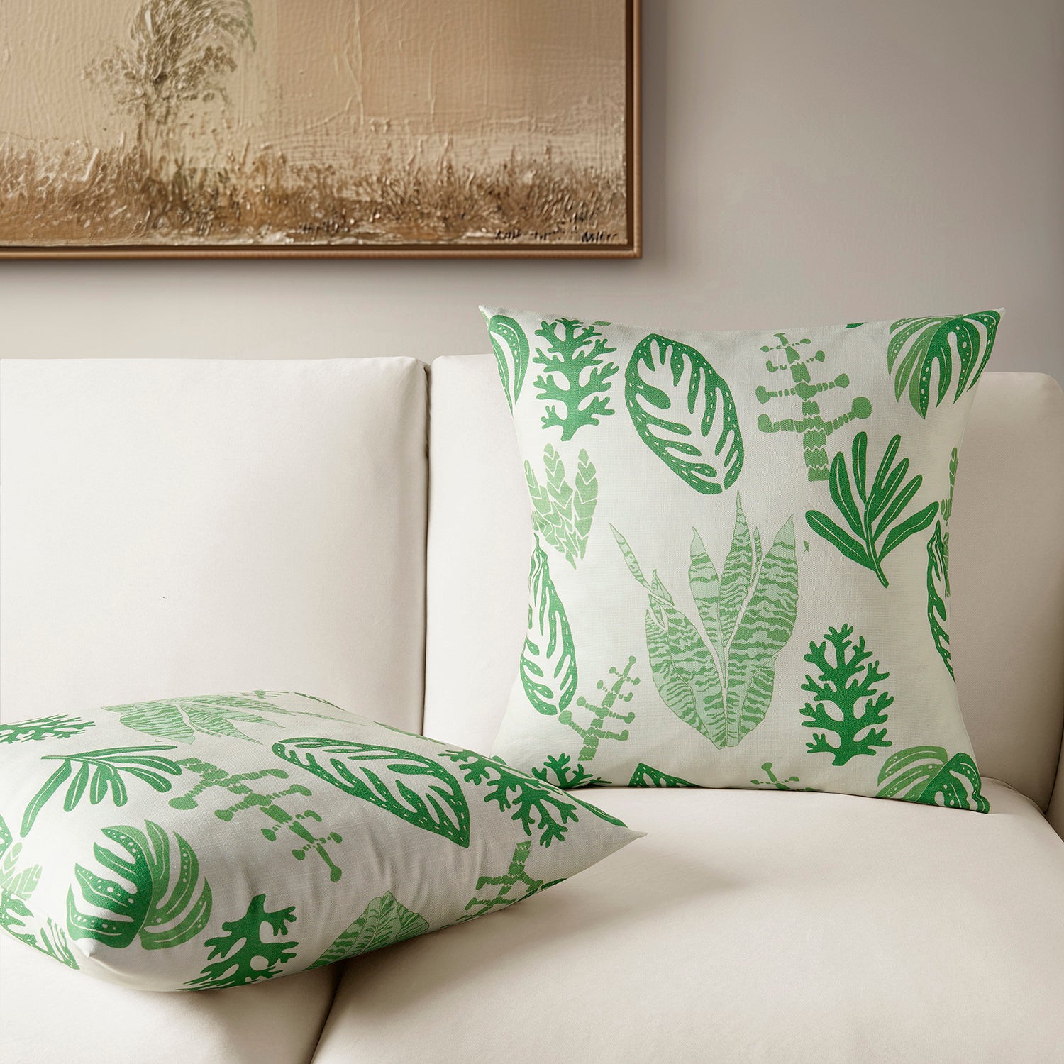 Palm Beach Green Floral Printed Cotton Cushion Covers Set of 2 - Soft Textured Throw Pillow Covers for Sofa, Bed, Living Room Decor