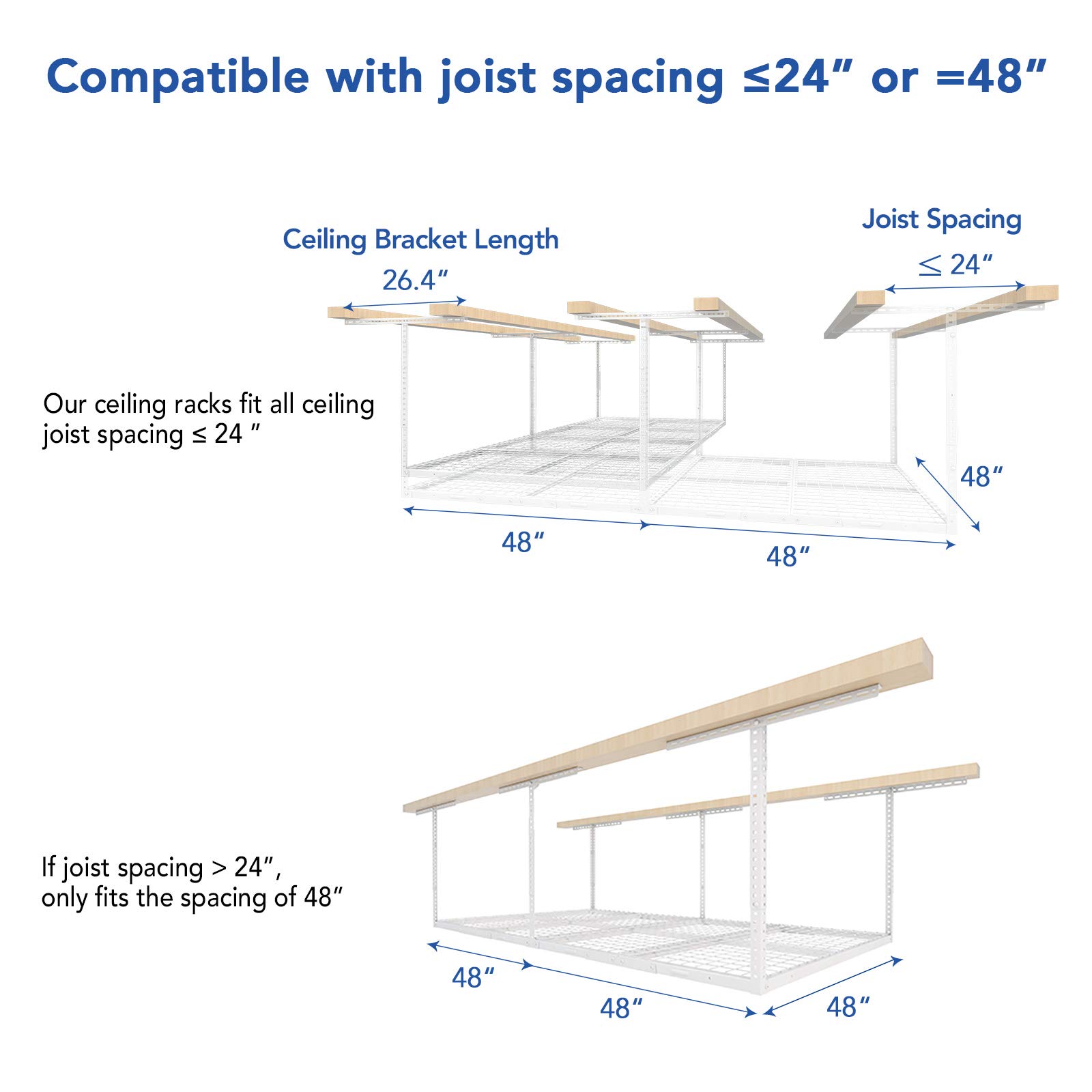 FLEXIMOUNTS 4x8 Overhead Garage Storage Rack - Heavy Duty Adjustable Ceiling Storage System with 600lbs Capacity, White | Perfect for Garage Organization, Seasonal Decor & Sports Equipment Storage
