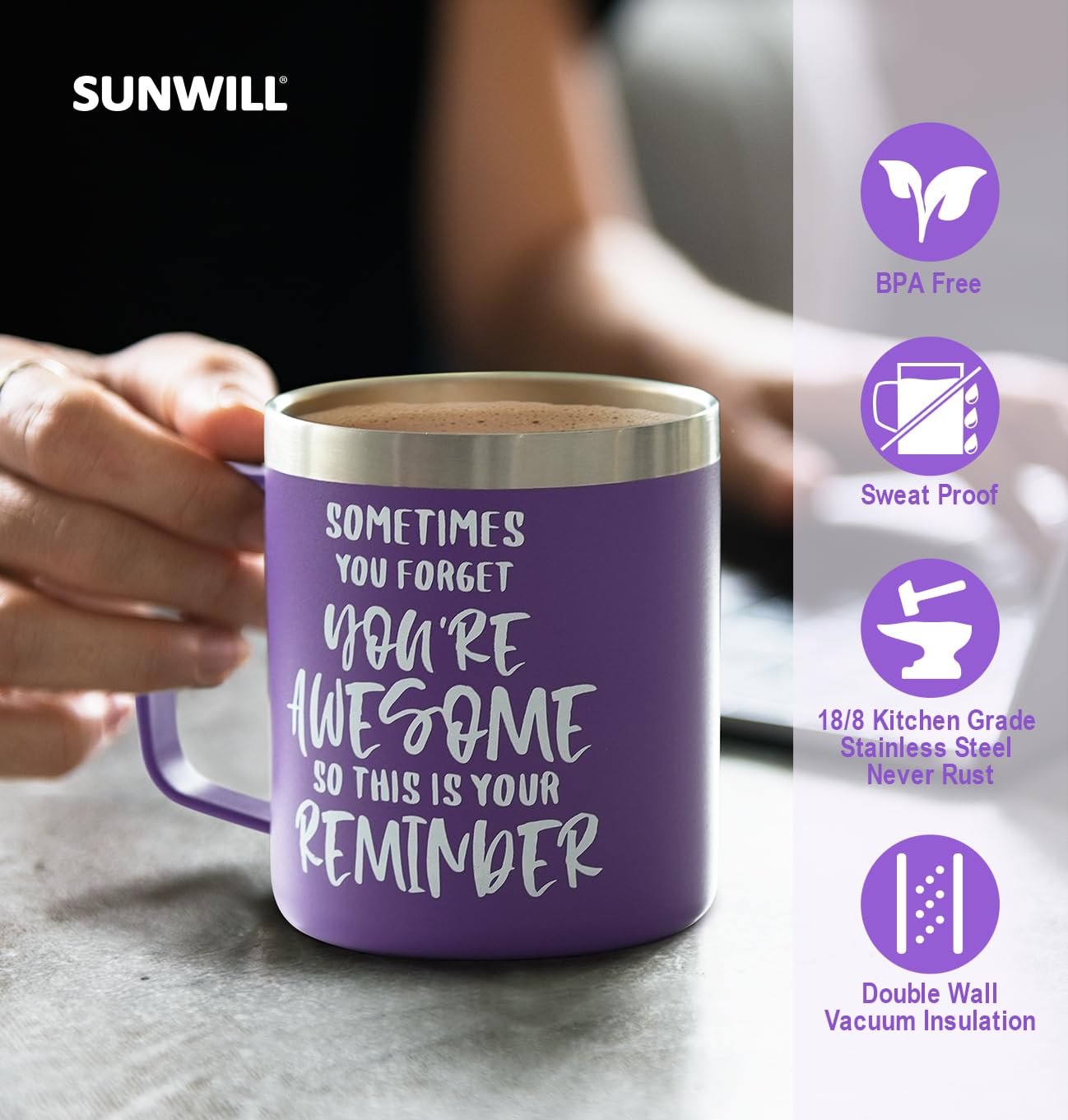 SUNWILL 14oz Insulated Stainless Steel Coffee Mug with Lid - Leakproof Travel Tumbler for Hot & Cold Drinks, Motivational Quote 