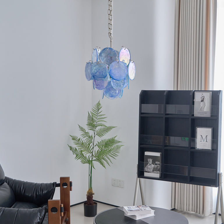 Blue Murano Glass Disc Chandelier - Elegant Venetian Style Ceiling Light Fixture for Dining Room, Living Room & Bedroom Decor