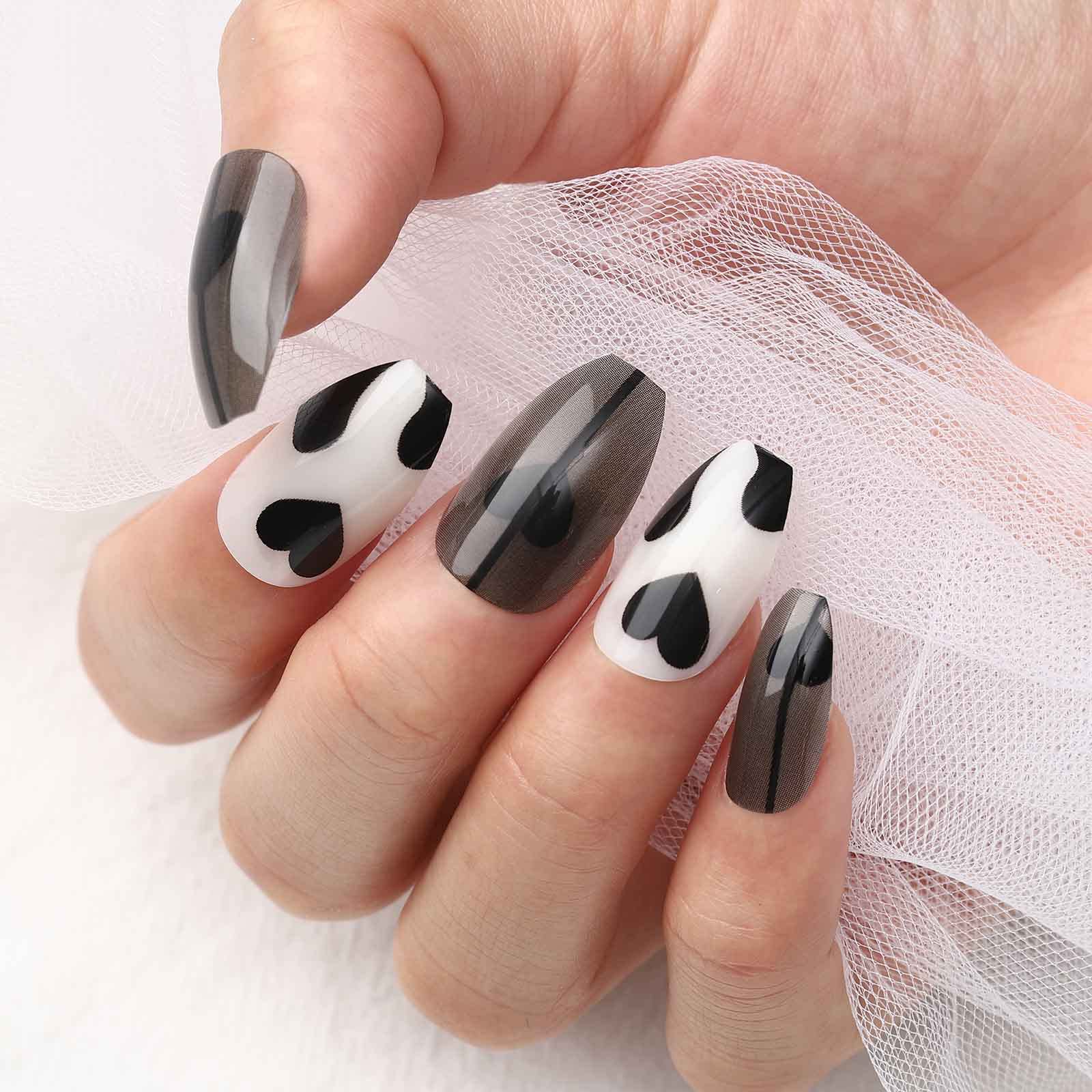 Acenail Press on Nails - Medium Length Glossy Fake Nails with 3D French Tip Designs, 24Pcs Clear Full Cover Acrylic Artificial Nails for Women & Girls (#7 Coffin Heart) - Perfect for Parties, Weddings & Everyday Glam