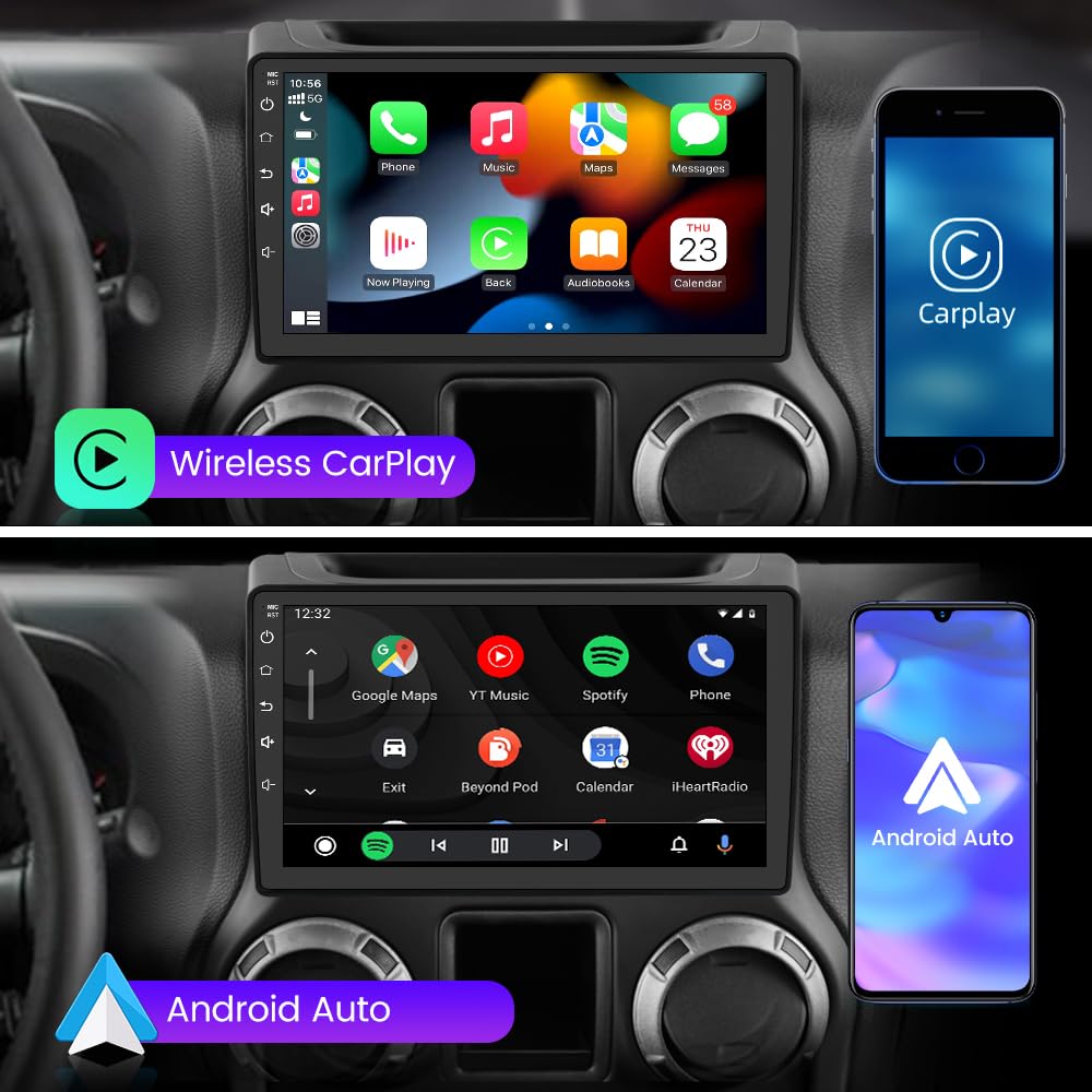 Jeep Wrangler JK Grand Cherokee Dodge Ram 1500 Android 13 Car Stereo with Wireless CarPlay & Android Auto - 2GB RAM 64GB Storage - Bluetooth Touchscreen Radio with Backup Camera for Seamless Driving Experience