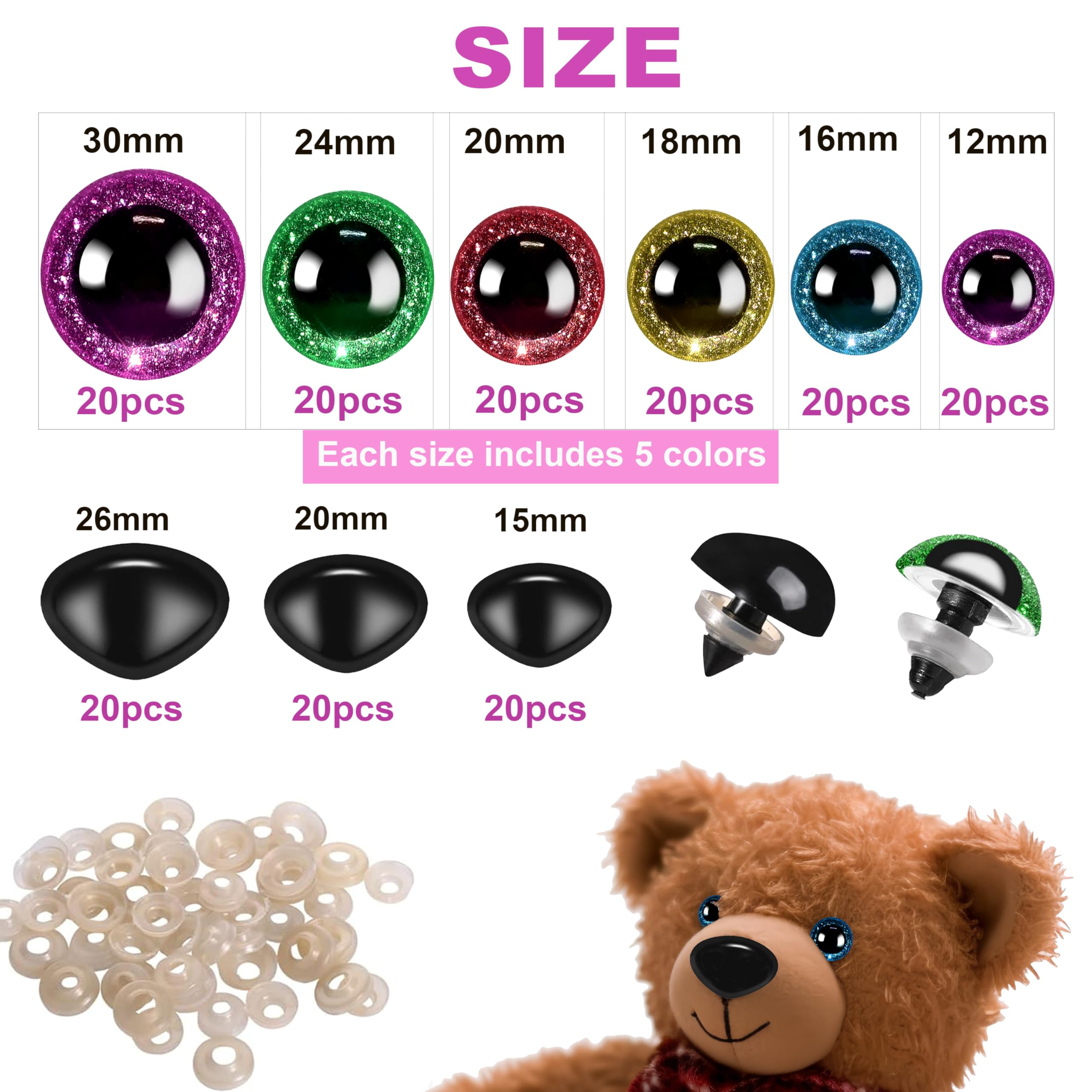 Reekei 360 Pcs Safety Eyes and Noses for Crocheting, 12-30mm Plastic Safety Eyes for Stuffed Animals, DIY Plush Toy Making Supplies, No Needle Required - Perfect for Amigurumi, Puppets, Bears, and Dolls