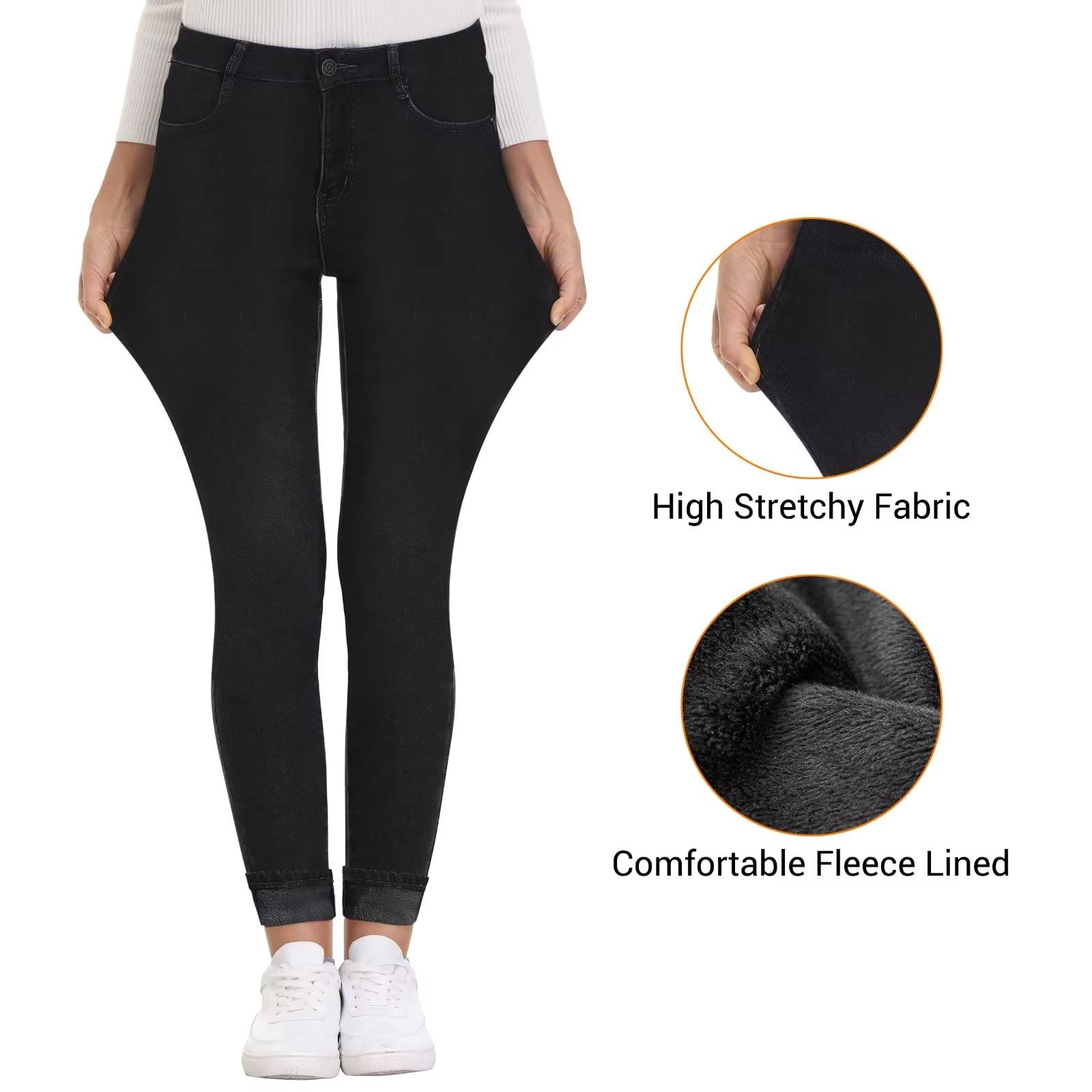 Women's Fleece Lined Winter Jeans - Warm Brown Stretch Denim Pants for Cold Weather, Outdoor Activities & Casual Wear
