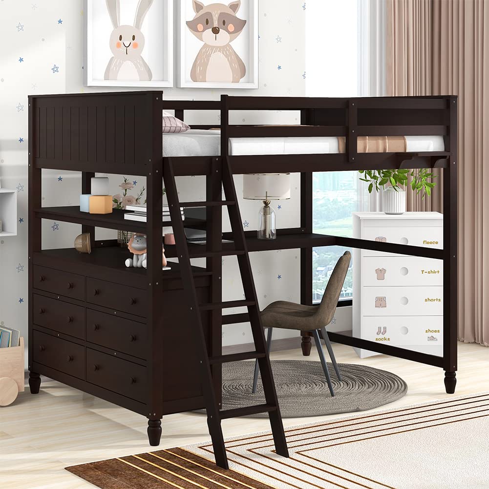 Full Size Wood Loft Bed with Desk, Storage Drawers & Safety Rail - Sturdy Study & Sleep Solution for Teens & Small Spaces - Perfect for Dorm Rooms, Apartments & Kids Bedrooms